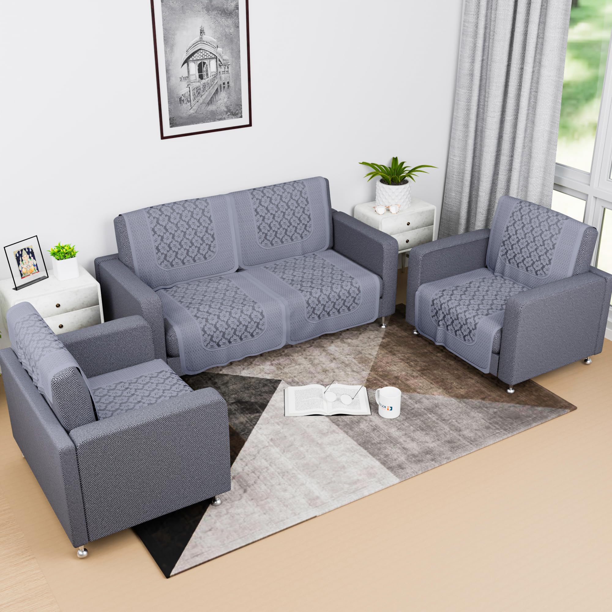 Kuber Industries Sofa Cover | Net 2+1+1 Seater Sofa Cover Set | Couch Sofa Cover Set | Sofa Cover for Home | Sofa Slipcover Set | Sofa Cover for Living Room | Plain Leonardo Flower Print | Grey