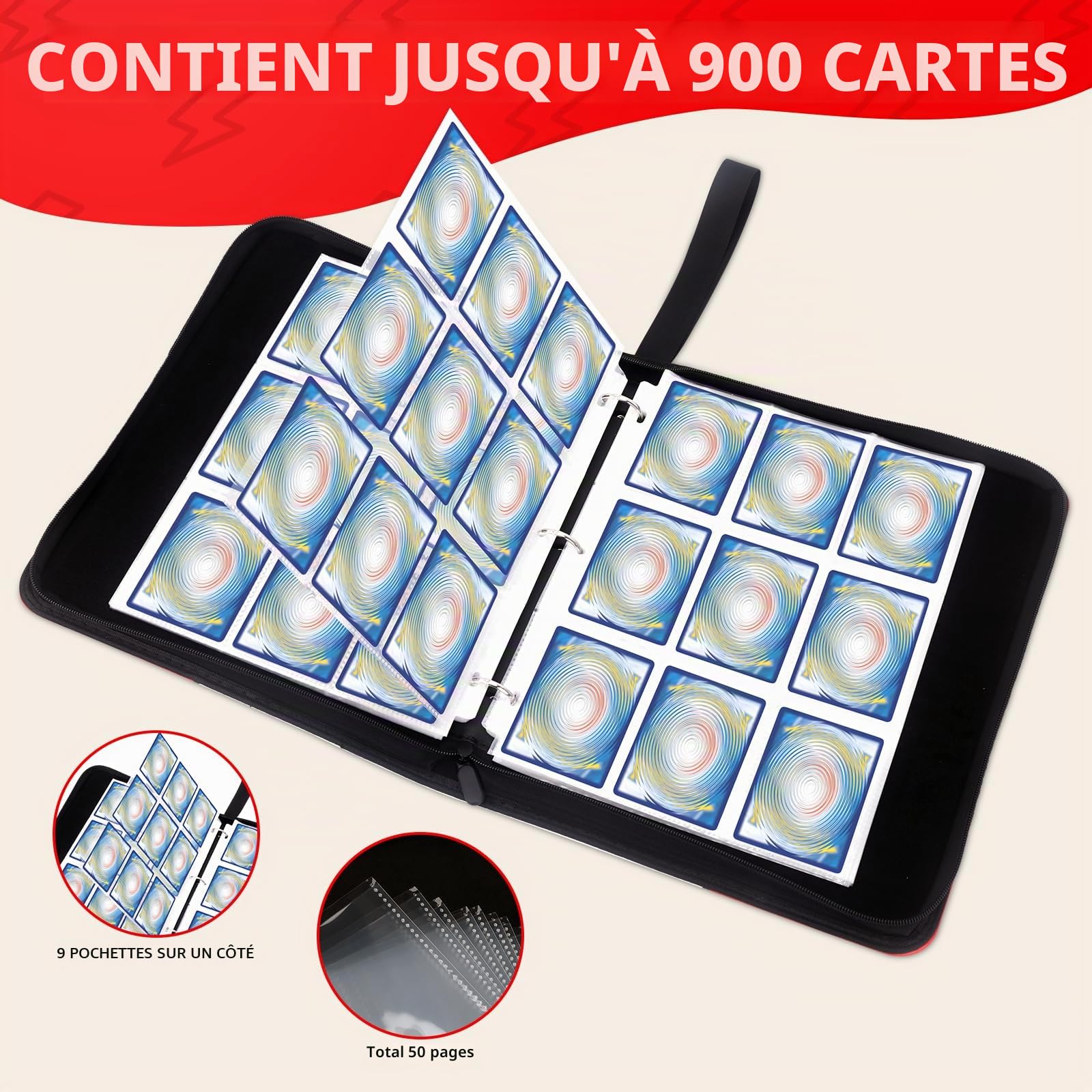 9 Poches Classeur Carte, Capacité de 50 Pages de 900 Cartes | Imperméable Album de Collection de Carte,Portable Album de Rangement de Cartes,Un Cadeau les Garçons et les Filles(9P-Rouge)