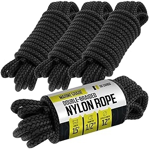 DC Cargo Mall Boat Dock Lines (4 Pack) 1/2 X 15' Double Braided Boat Ropes for Docking with 12" Eyelet. Marine Grade Nylon Material & Damage Resistant Line Fibers for Secure Docking