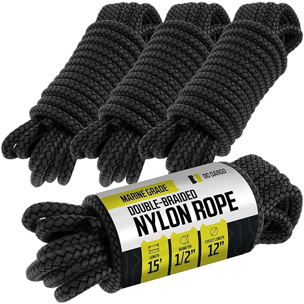 DC Cargo Mall Boat Dock Lines (4 Pack) 1/2 X 15' Double Braided Boat Ropes for Docking with 12" Eyelet. Marine Grade Nylon Material & Damage Resistant Line Fibers for Secure Docking