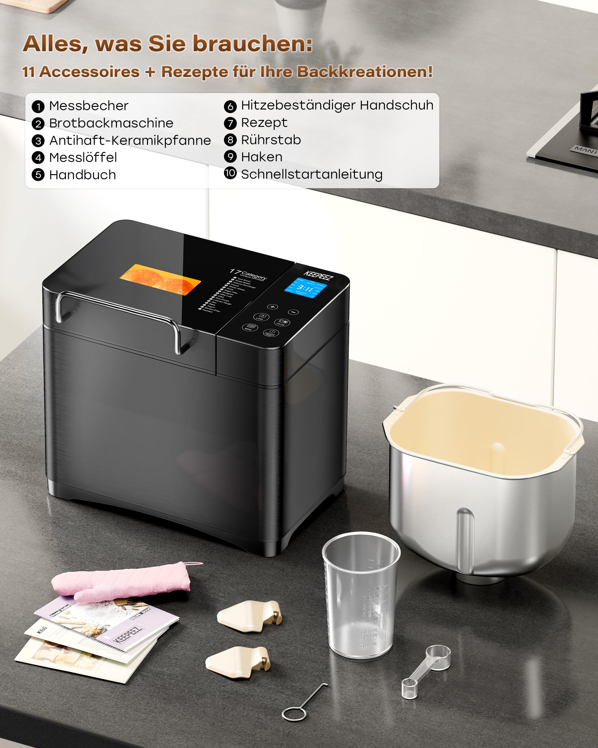 Panificatrice da 710 W, 1 kg, al quarzo, in acciaio inox, con padelle in ceramica, 17 in 1 con distributore automatico di scanalatura, 2 remi, 3 dimensioni di pane e 3 colori per la cottura