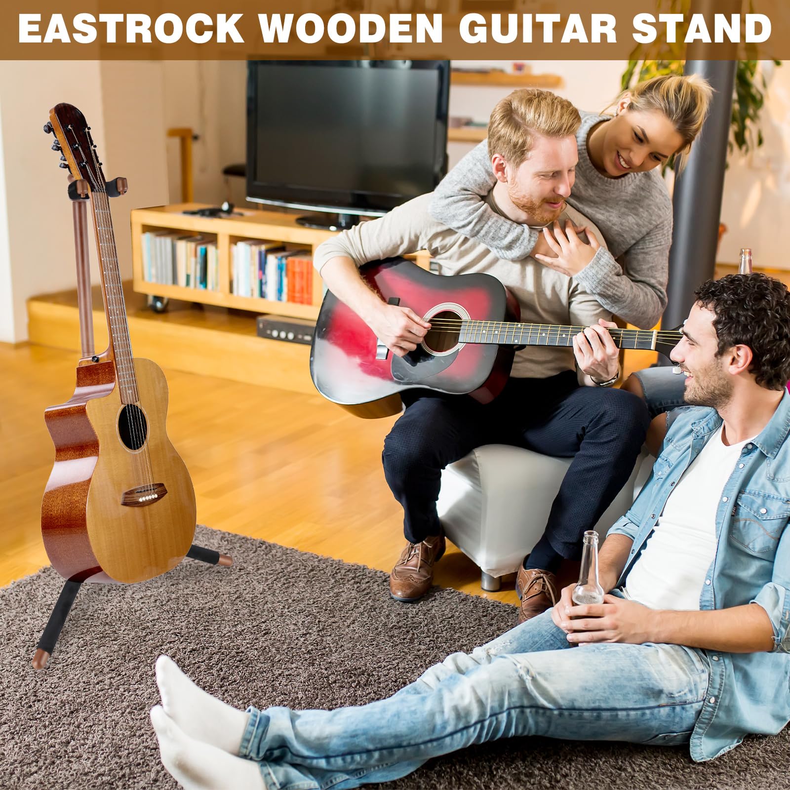 EASTROCK Supporto per Chitarra, piano per chitarra elettrica, chitarra acustica e basso, tripode in legno massiccio con supporto a collo singolo, design stabile per Home Studio (Noce Color)