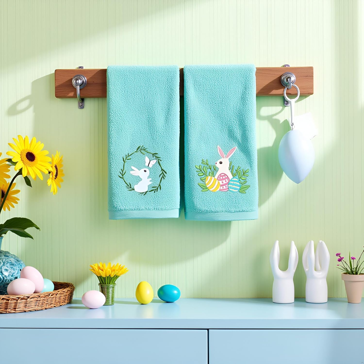 3pcs Buffalo Plaid Easter Bunny Hand Towels Set 100% Cotton Soft Absorbent Spring Bathroom Hand Towels 14x29 Inch Cute Easter Day Kitchen Decor Towels Holiday Bathroom Decor Gift(Blue) - Image 7