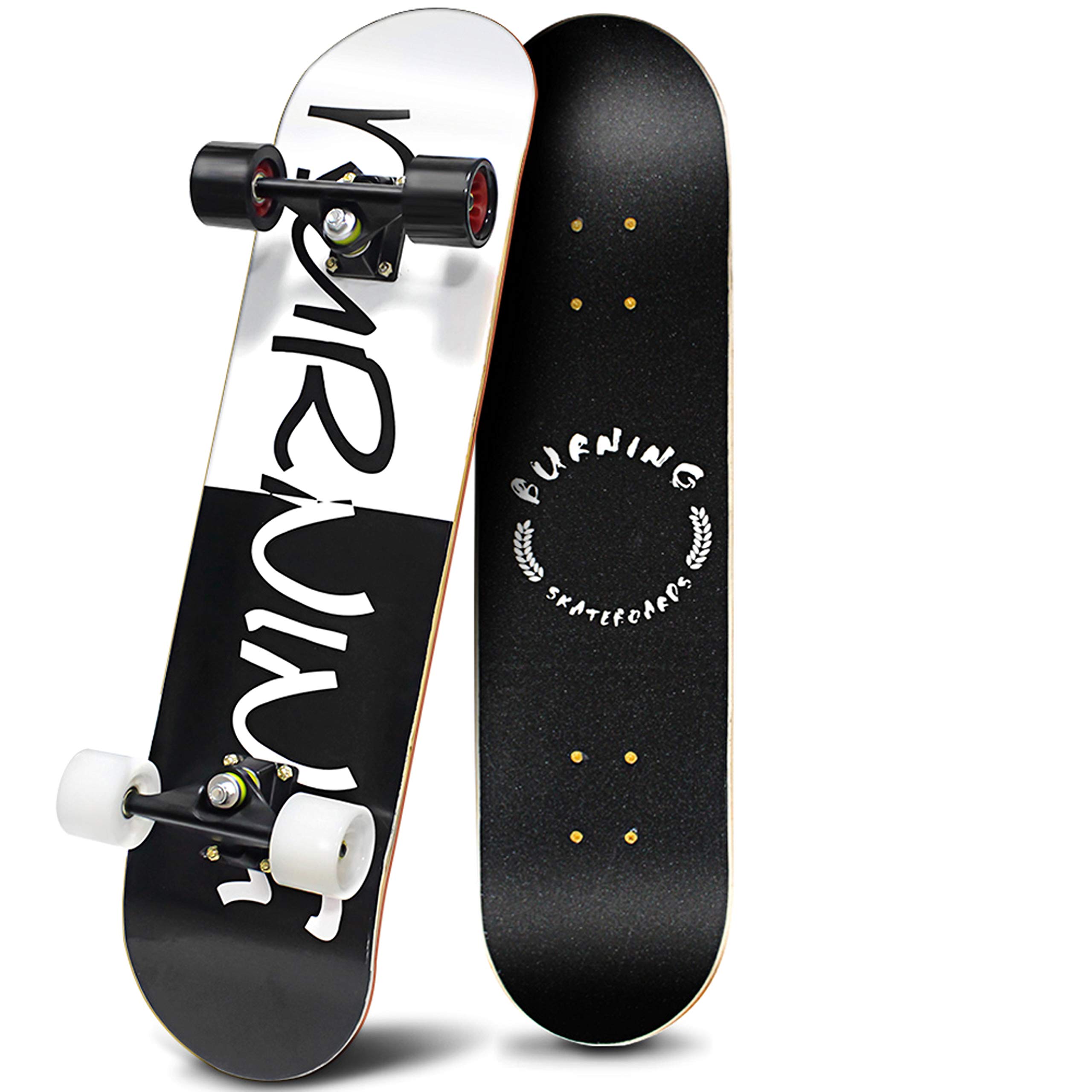 Easy_Way Complete Skateboards- Standard Skateboards for Beginners Kids Boys Girls Teenager- 31''x 8''Canadian Maple Cruiser Pro Skate Board, Skateboards (White blk)