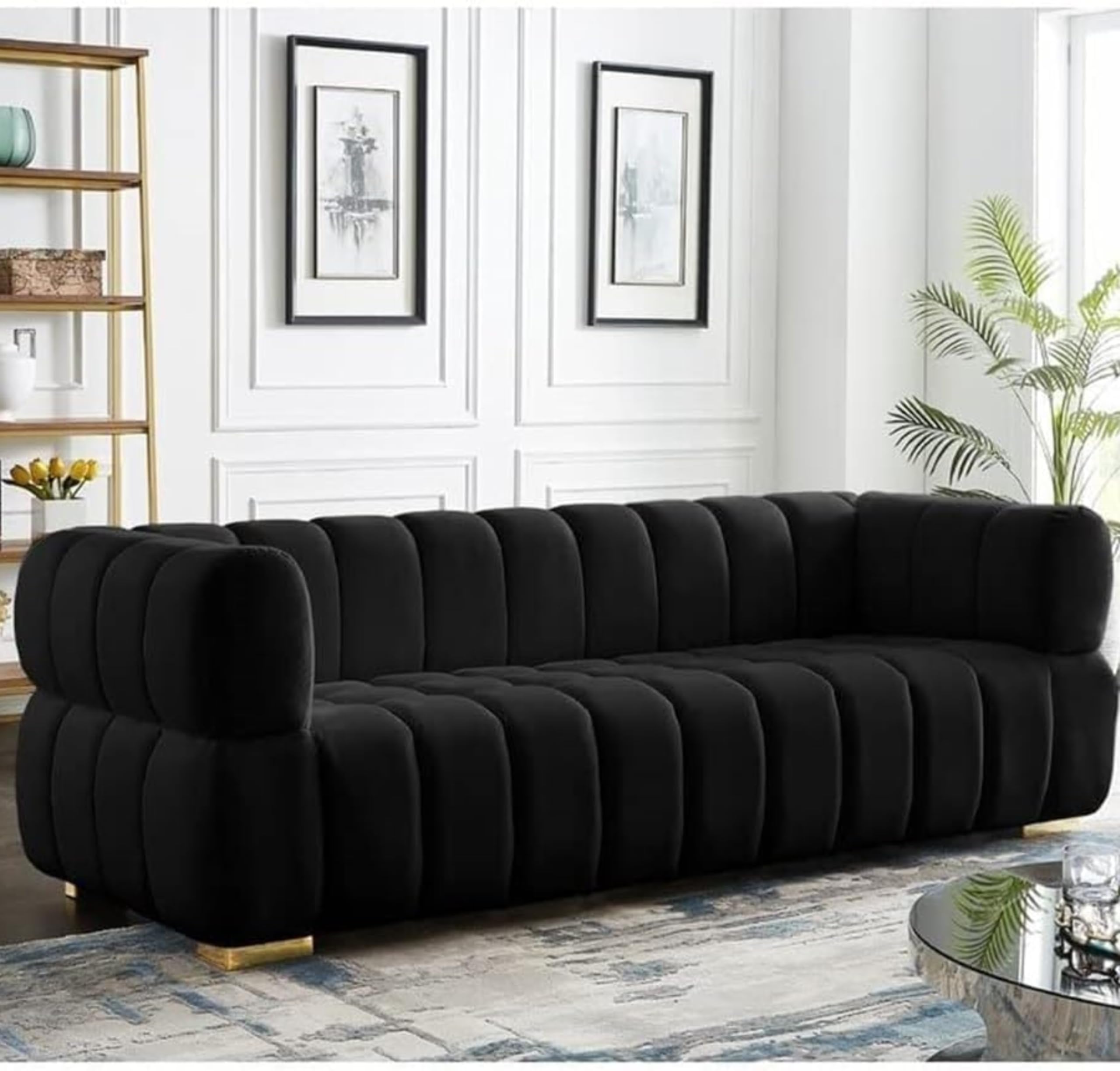 COMFYNEST Luxurious Three-Seater Velvet Arm Sofa - Modern Couch for Living Rooms, Guest Rooms & Hotels (Black)