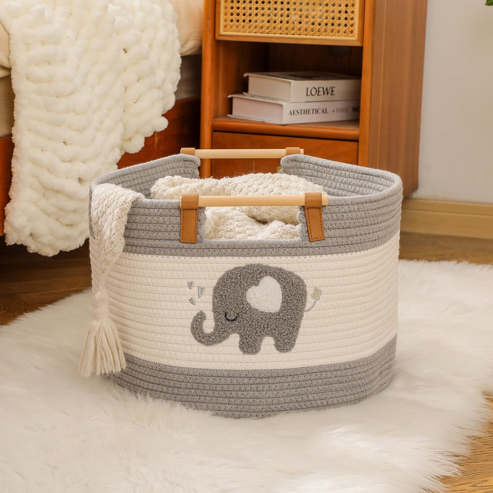 Grande Cesto Coperta 35L Cesto in Corda di Cotone con Manici in Legno Cesti Intrecciati per Giocattoli di Peluche dei Bambini, Contenitore per Pannolini, Contenitore Vestiti Neonati