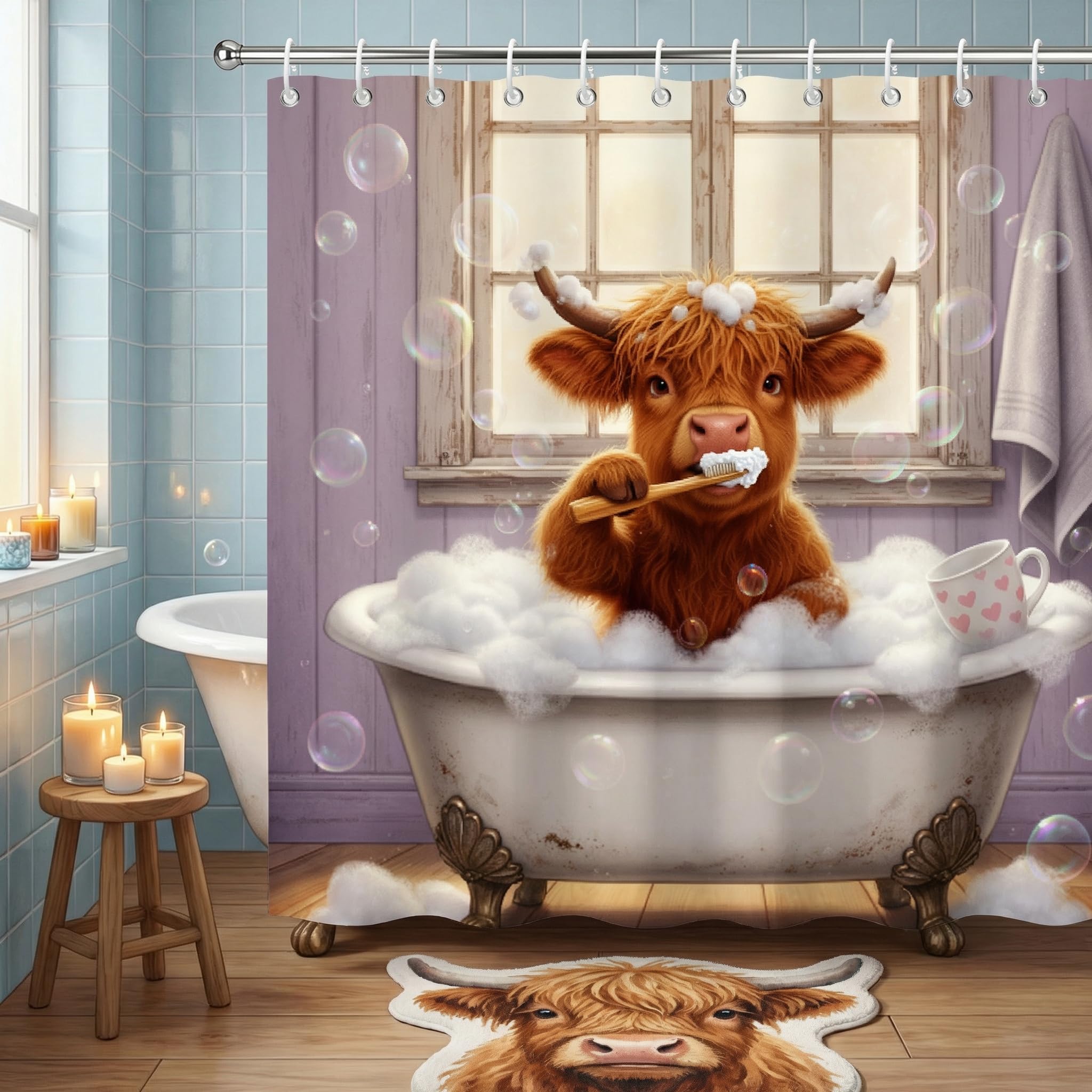 GleeWrap Highland Cow Shower Curtain, Fabric Waterproof Bathroom Curtain with 12 Hooks, Cute Animal in Bathtub Brushing Teeth, Funny Novelty Decor, 180x180 cm