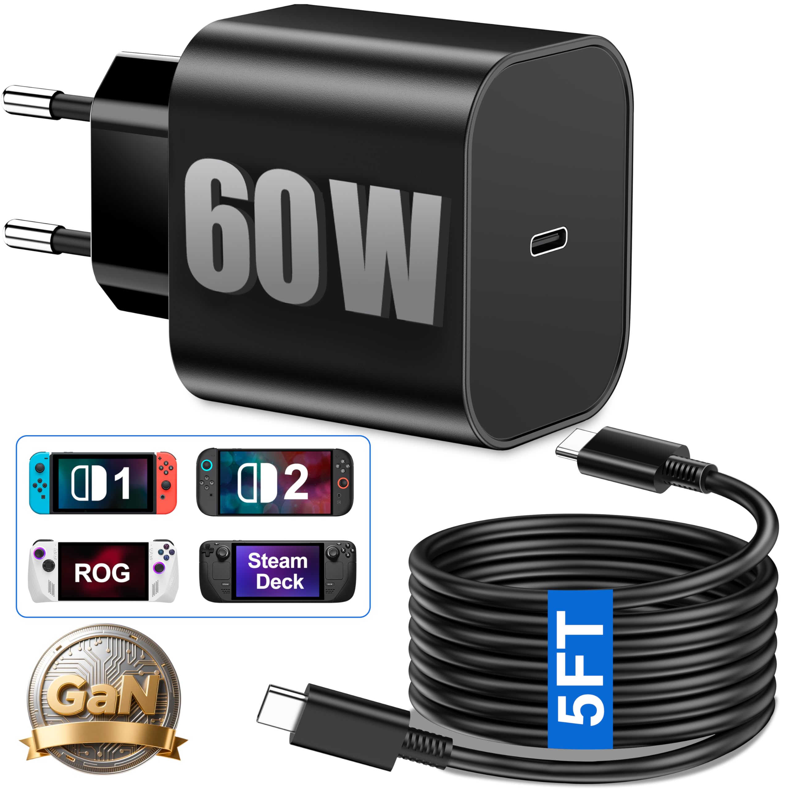 60 W Switch 2 Alimentatore di rete, USB-C Rapido Caricatore Sostituzione Switch 2 AC Adattatore con GaN Tech per Nintendo/OLED/Lite/Steam Deck/Rog Ally, Supporta la modalità TV 4K, per tablet/laptop