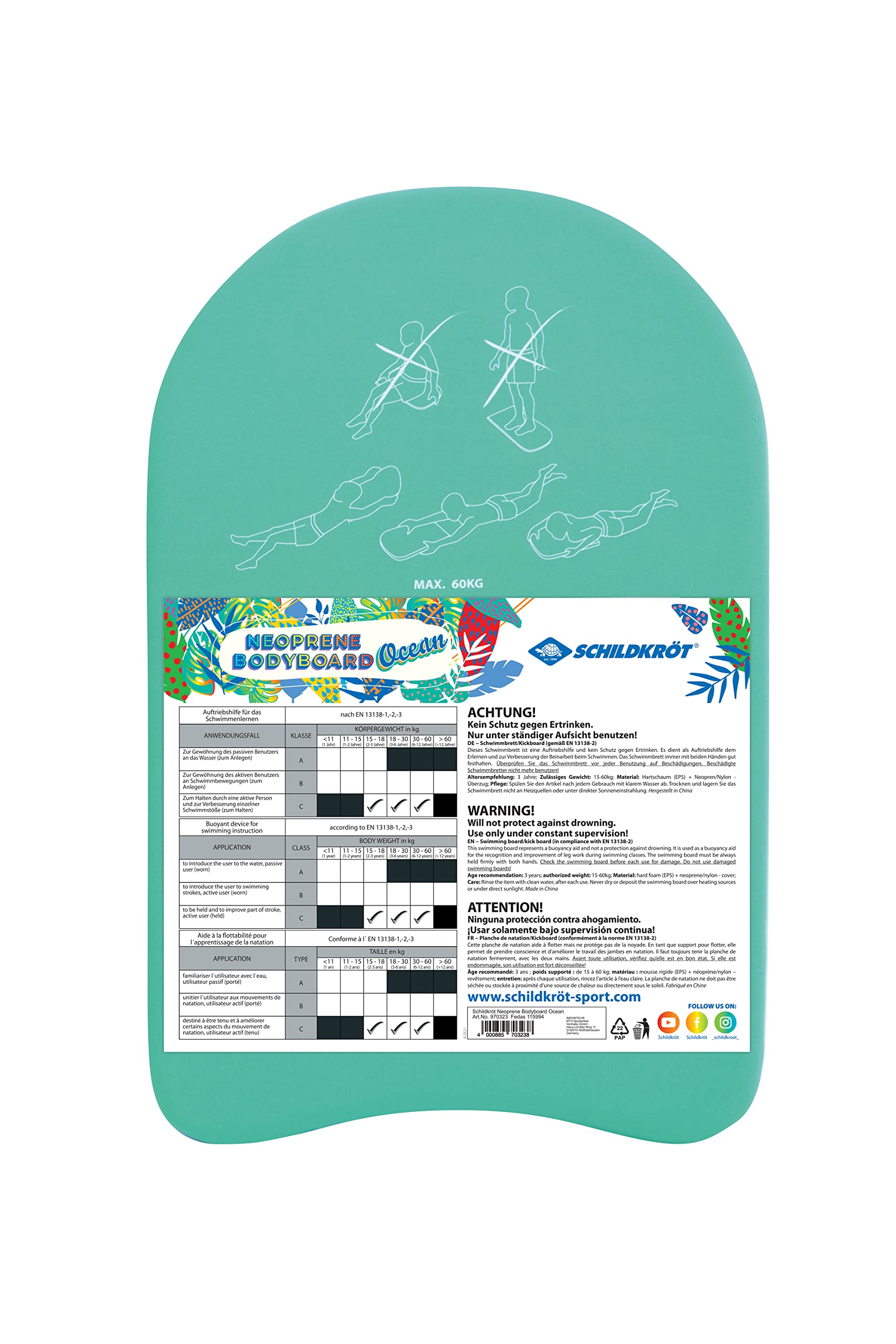 Schildkröt Neopren Schwimmbrett Ocean, Verschiedene Designs wählbar, stromlinienförmig und sehr griffig, hochwertig bedruckter Neoprenüberzug, 45 x 30cm, maximales Nutzergewicht: 60kg