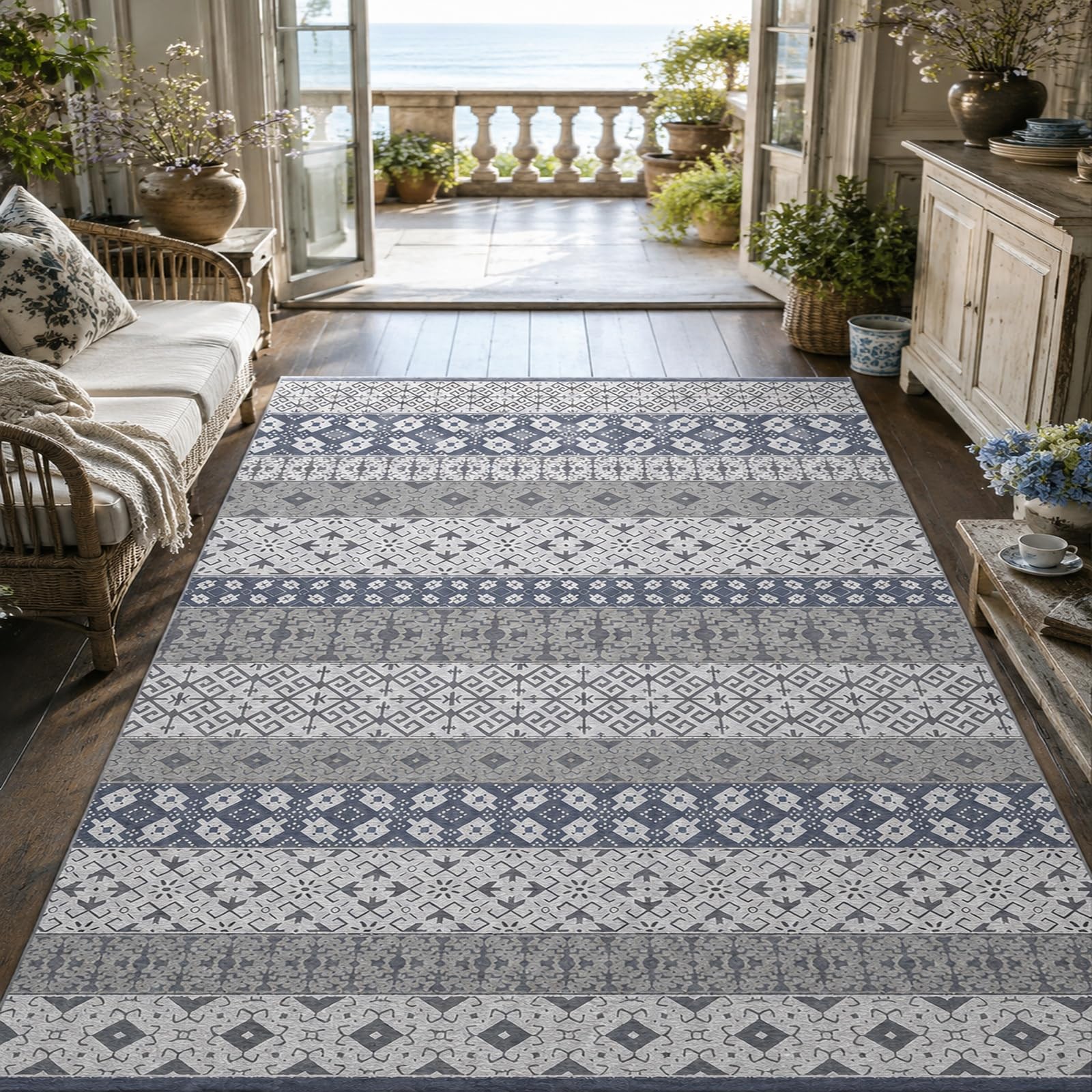 Tappeti di zona, 200 x 250 cm, Moderno geometrico Blu Grigio Bianco, Tappeto Salotto Camera da letto pelo corto, Decorazioni per la Casa Soggiorno,