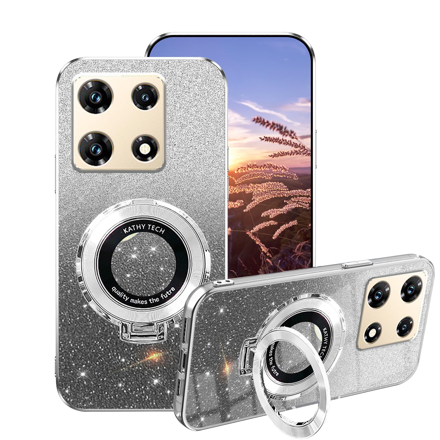 Case for Infinix Note 40 Pro 4G Cases Silicone with Ring, for Infinix Note 40 Pro 4G Phone Case Glitter Transparent Double Layer Detachable Soft TPU Shockproof Protective Luxury Slim Cover (Silver)