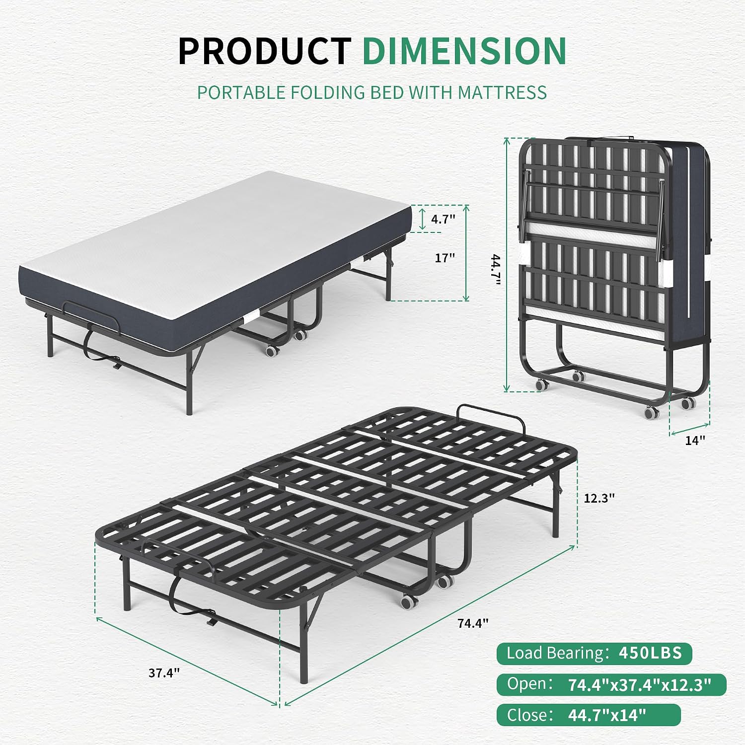 Folding Bed with Mattress,Rollaway 5-Inch Memory Foam Foldable Guest Bed for Adults, 500lbs Capacity with Storage Cover and Sturdy Metal Frame,Portable,Space Saving of Easy Storage,75