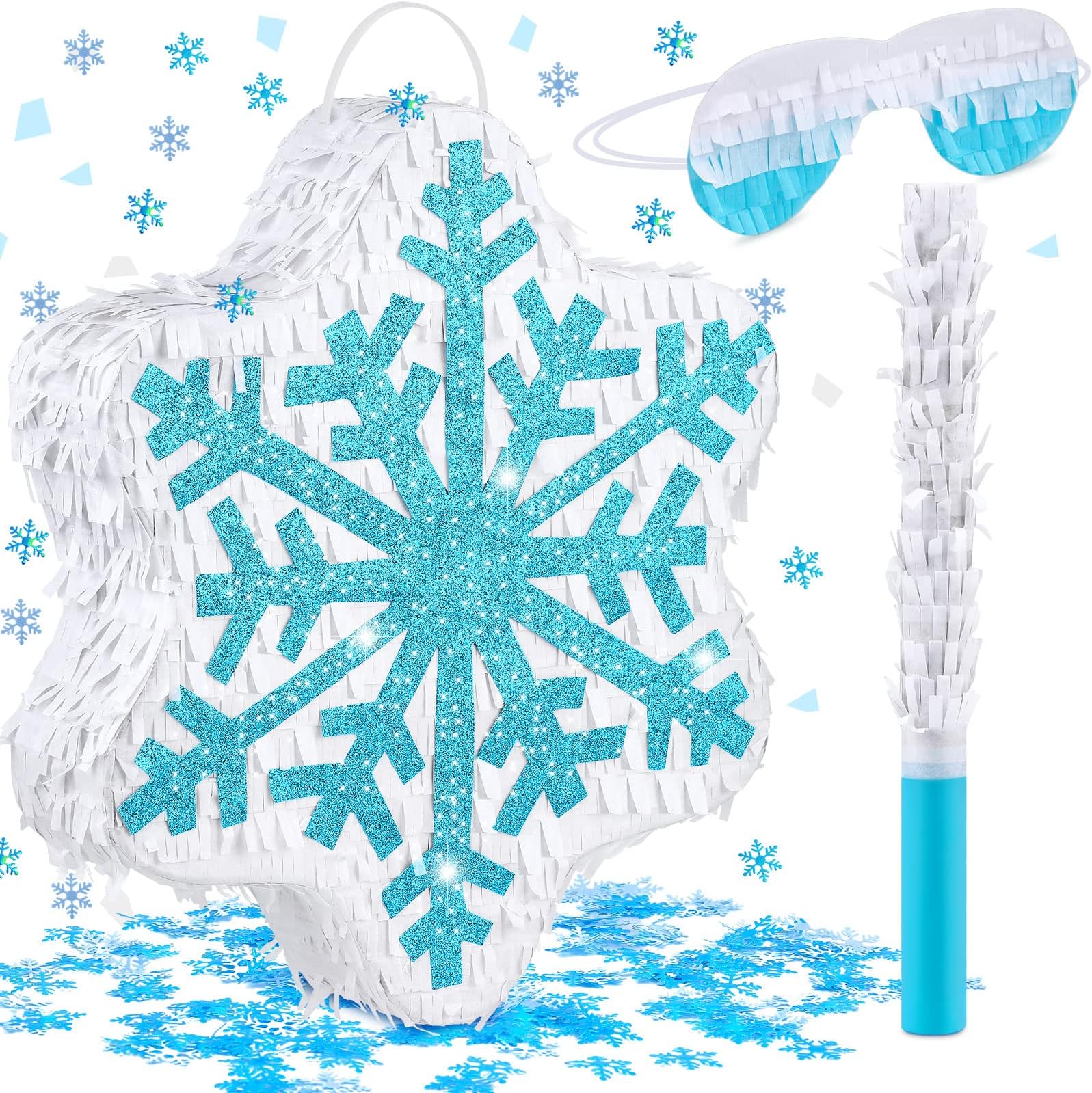 Deekin Snowflake Piñata Christmas Winter Piñata Pull String Blue Snowflake Decors for Winter Theme Birthday Party Game Supply for Christmas Party Decorations