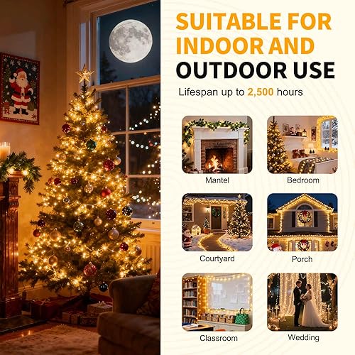 Miniatura 7 de 200 luces LED de Navidad de 66 pies, luces para árbol de Navidad, 8 modos de enchufe, con función de memoria, tira de luces blancas para dormitorio,