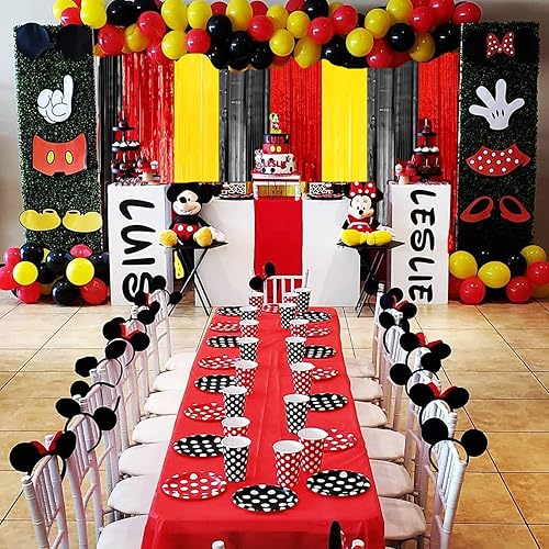 Miniatura 6 de Suministros para fiesta de cumpleaños de Mickey - Cortinas de flecos de papel de aluminio de oropel negro, rojo y amarillo, fondo de caricatura,