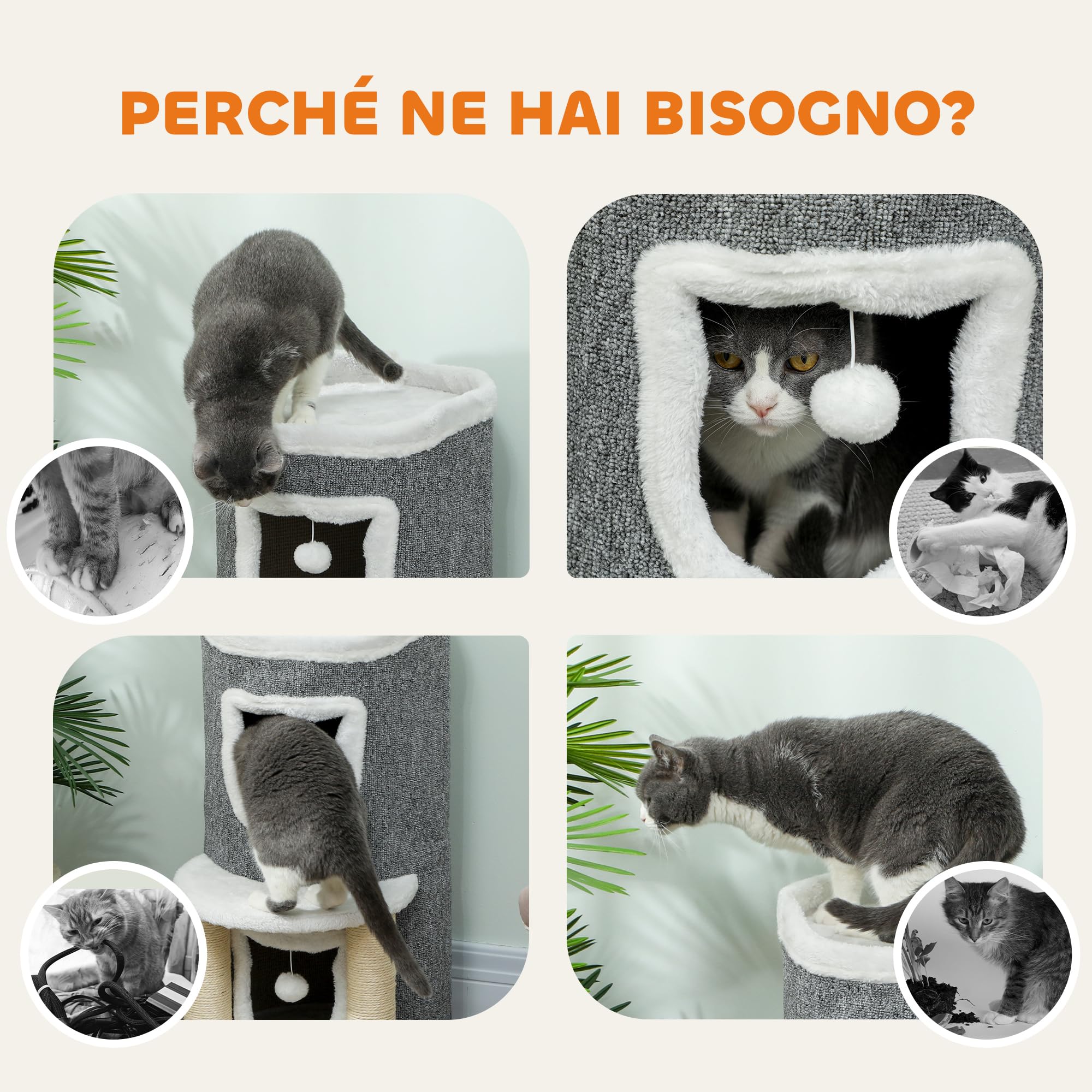 PawHut Albero Tiragraffi per Gatti Alto 76 cm Torre a Cilindro Grigio | per Gattini, con Casette, Lettino Superiore, Palline, Pali in Sisal