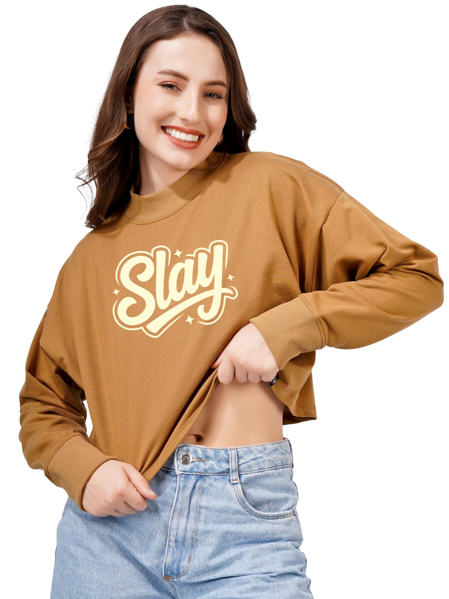 Women Cotton Blend Crop Sweatshirt with Slay Print | High Neck Graphic Pullover | Trendy Winter Casual Wear for Women & Girls-image-35