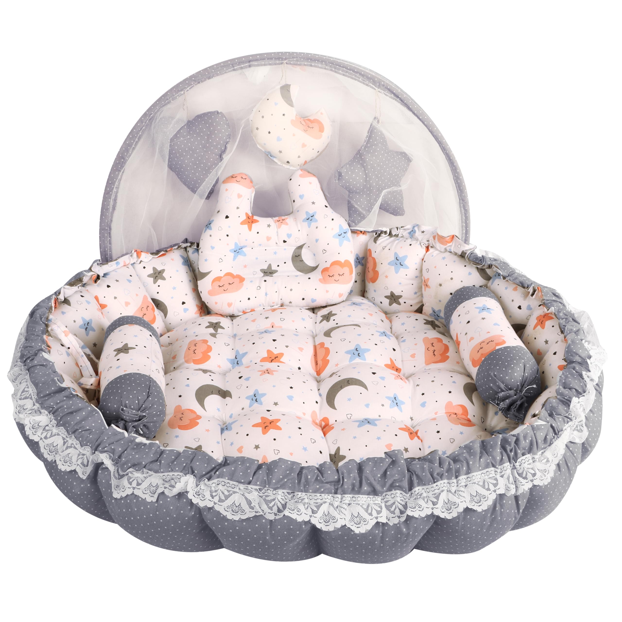 AD's Cuddle Premium Baby Nest Pod with Mosquito Net & Bedding Set, 100% Cotton, 0–12 Months, with Bolsters, Pillows and Mosquito Net (5 color) (Grey)