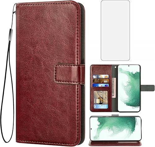 Asuwish Funda tipo cartera compatible con Samsung Galaxy S22 Plus 5G, protector de pantalla de vidrio templado y funda de piel con tapa para