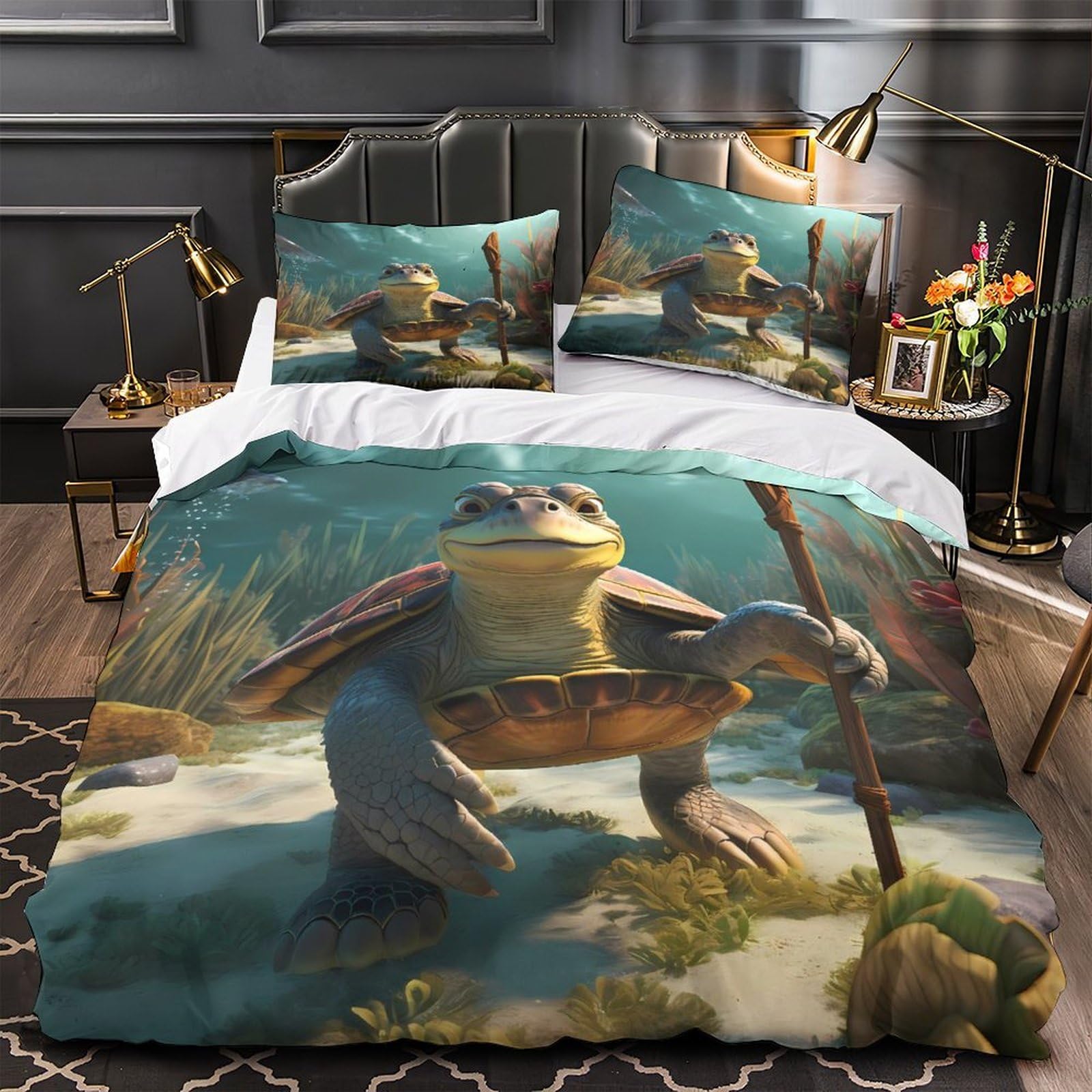 Parure de lit tortue hypoallergénique en microfibre résistante ultra douce King