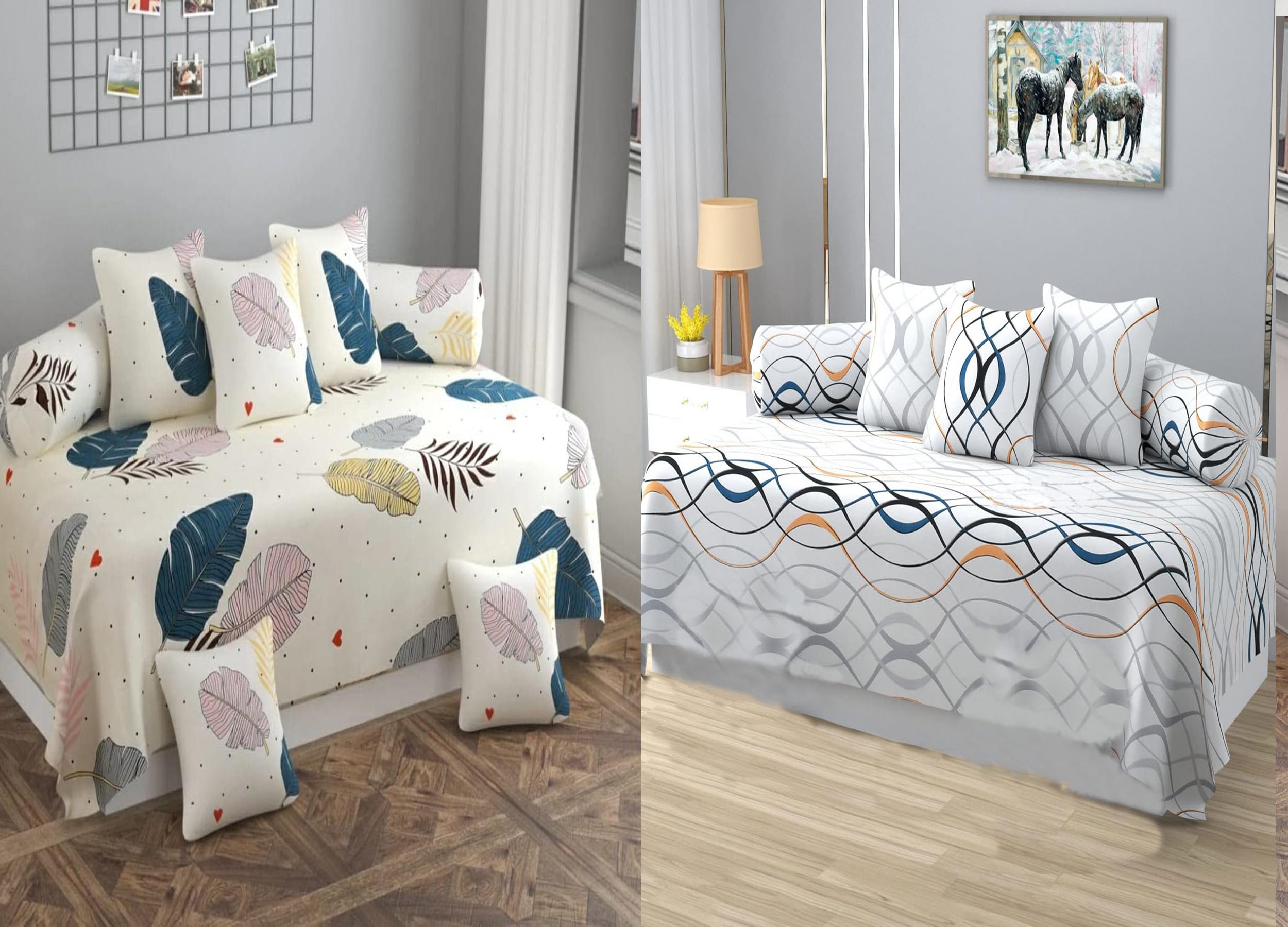 Premium Floral Printed Glace Cotton 6 Piece diwan Set Combo -(2 diwan bedsheet, 10 Cushion Covers, 4 Bolster Covers, Cream & White-image-33