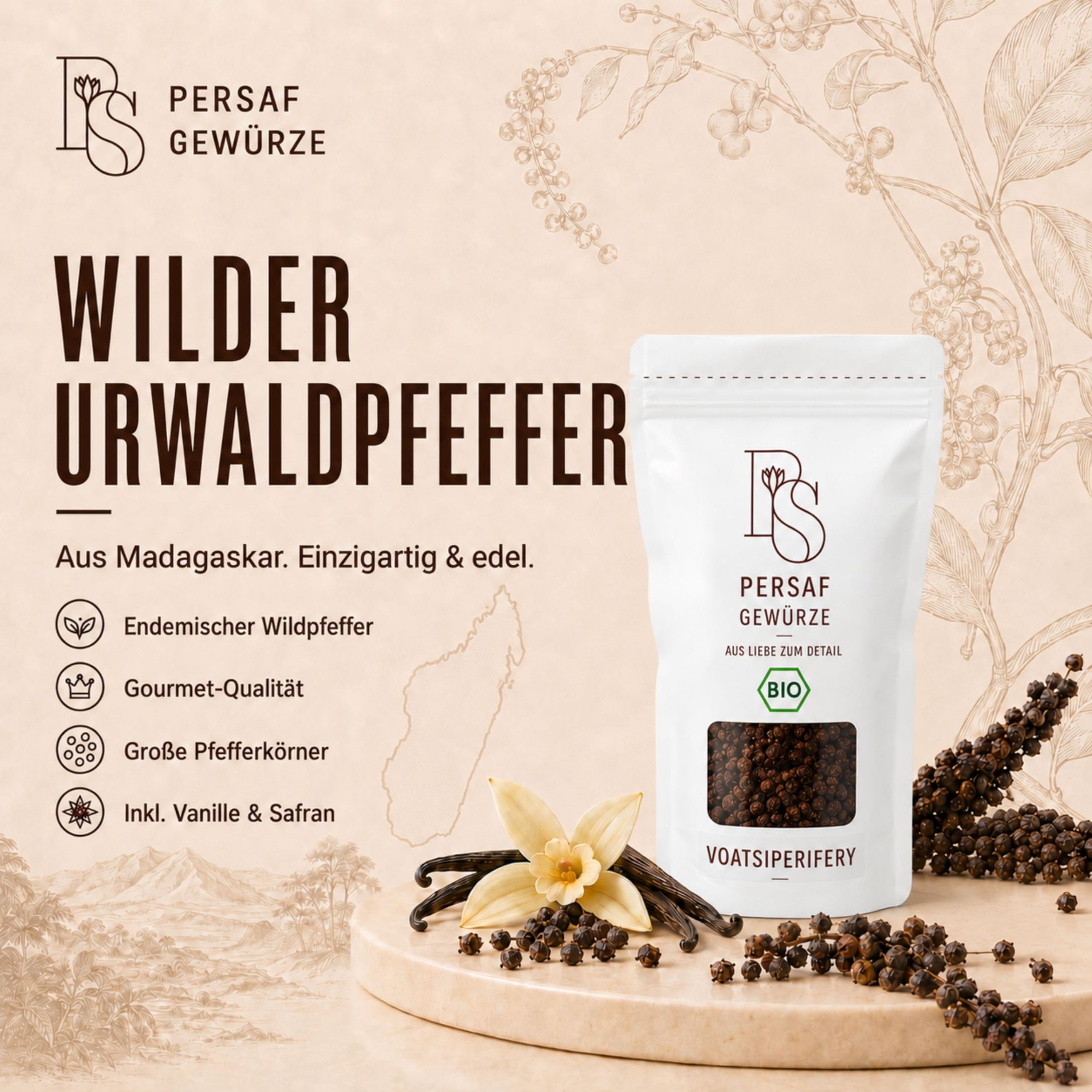 PerSaf BIO Voatsiperifery Wildpfeffer 1 kg - endemischer Urwaldpfeffer aus Madagaskar - ganzer Pfeffer in Gourmet Qualität - inkl. Vanilleschote - DE-ÖKO-006