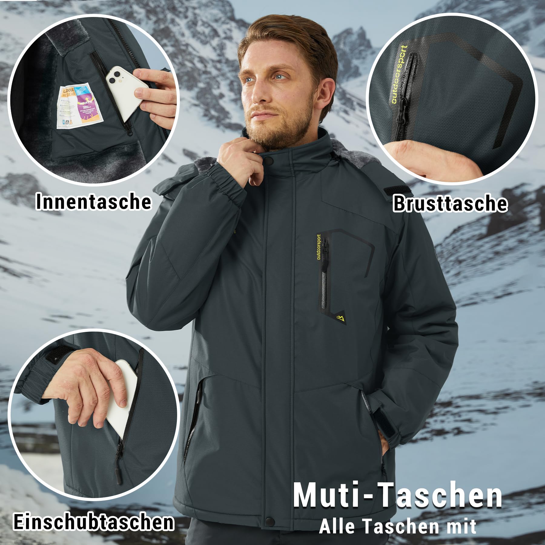 KEFITEVD Giacche in Pile Invernali da Uomo Calde Impermeabili da Sci Termici con Cappuccio Staccabile