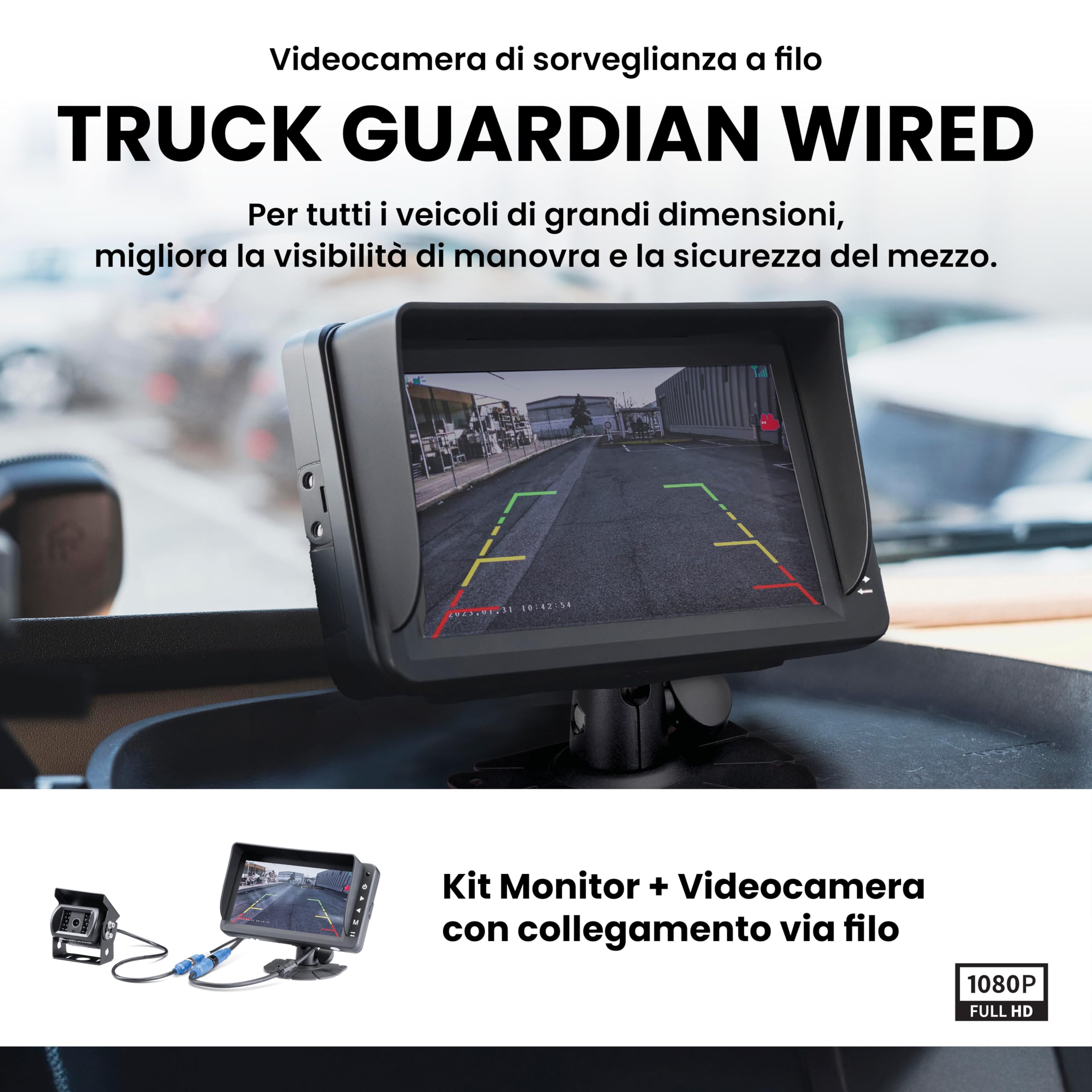 Midland - Retrocamera Camper e Camion Truck Guardian Wired, Telecamera Retromarcia a Filo per Manovra e Sorveglianza - Full HD, Visione Notturna, 3 Telecamere, Telecomando, Angolo 110°, Cablaggio 20m
