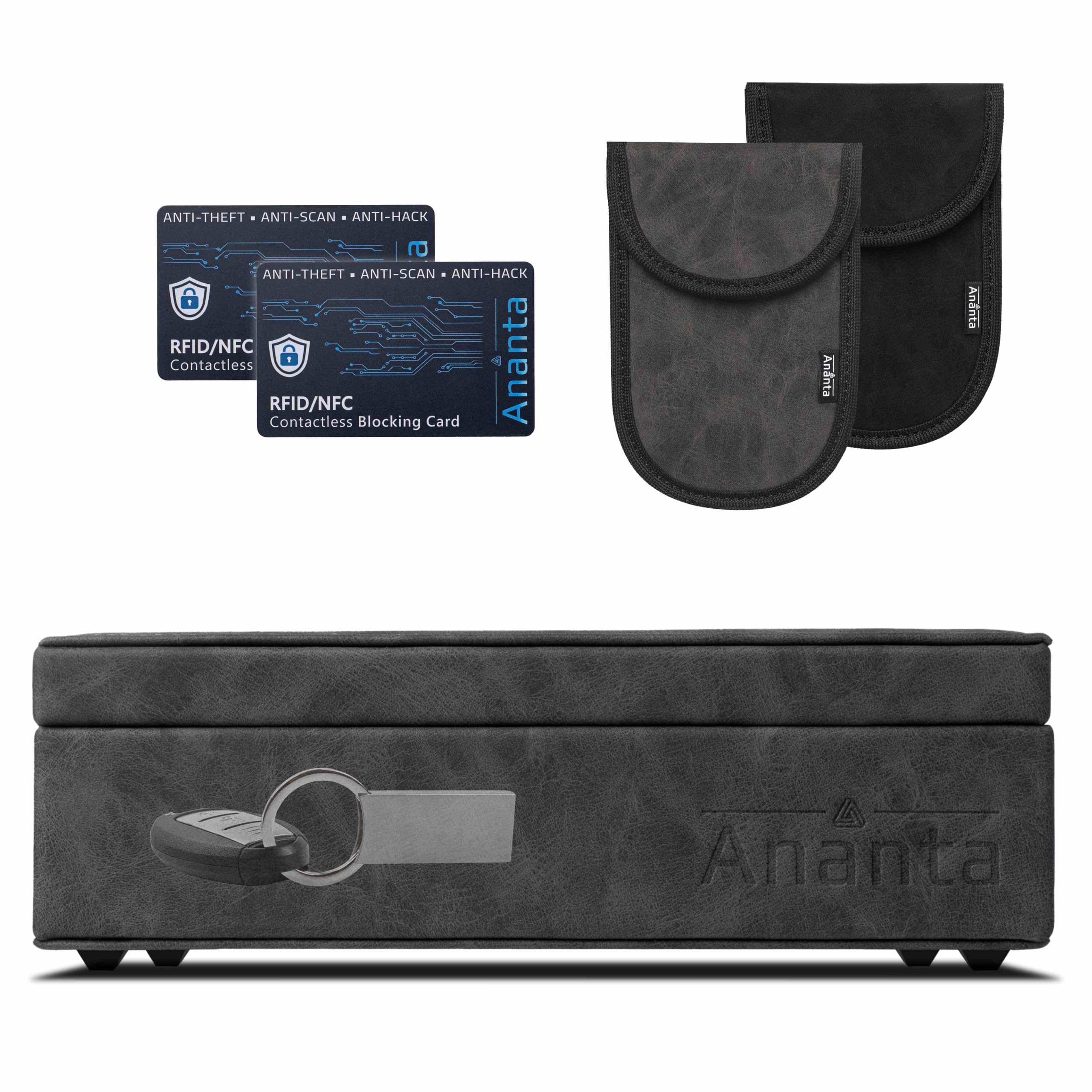 Faraday Box for Car Keys – Luxury RFID Signal Blocking Key Box, Magnetic Close, Twin Faraday Pouches & RFID Cards (Grey)