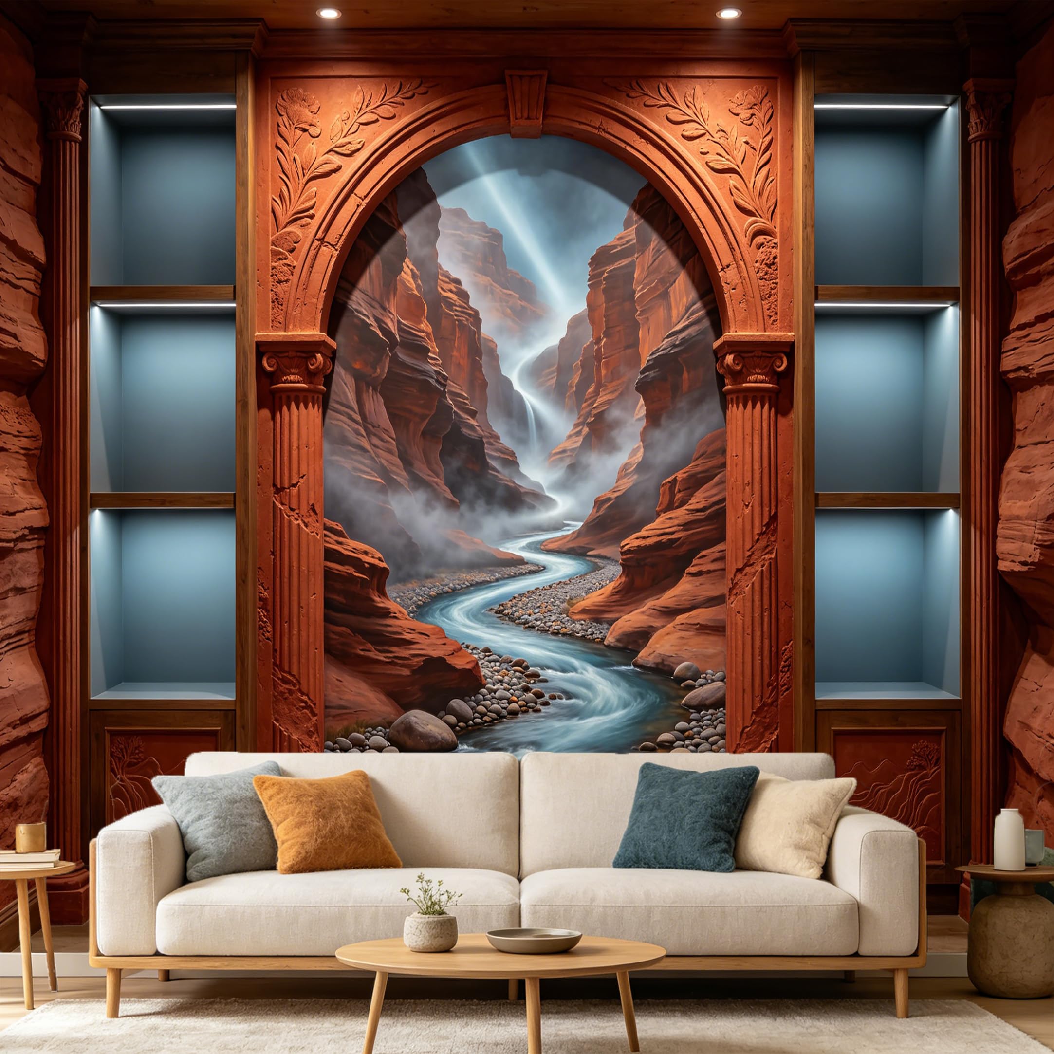 Custom Size Wall Mural， 3D Canyon River Waterfall Archway Landscape， SelfAdhesive Art Prints wall Fabric Removable Large Wallpaper Home Living Room Decor Aesthetic Background
