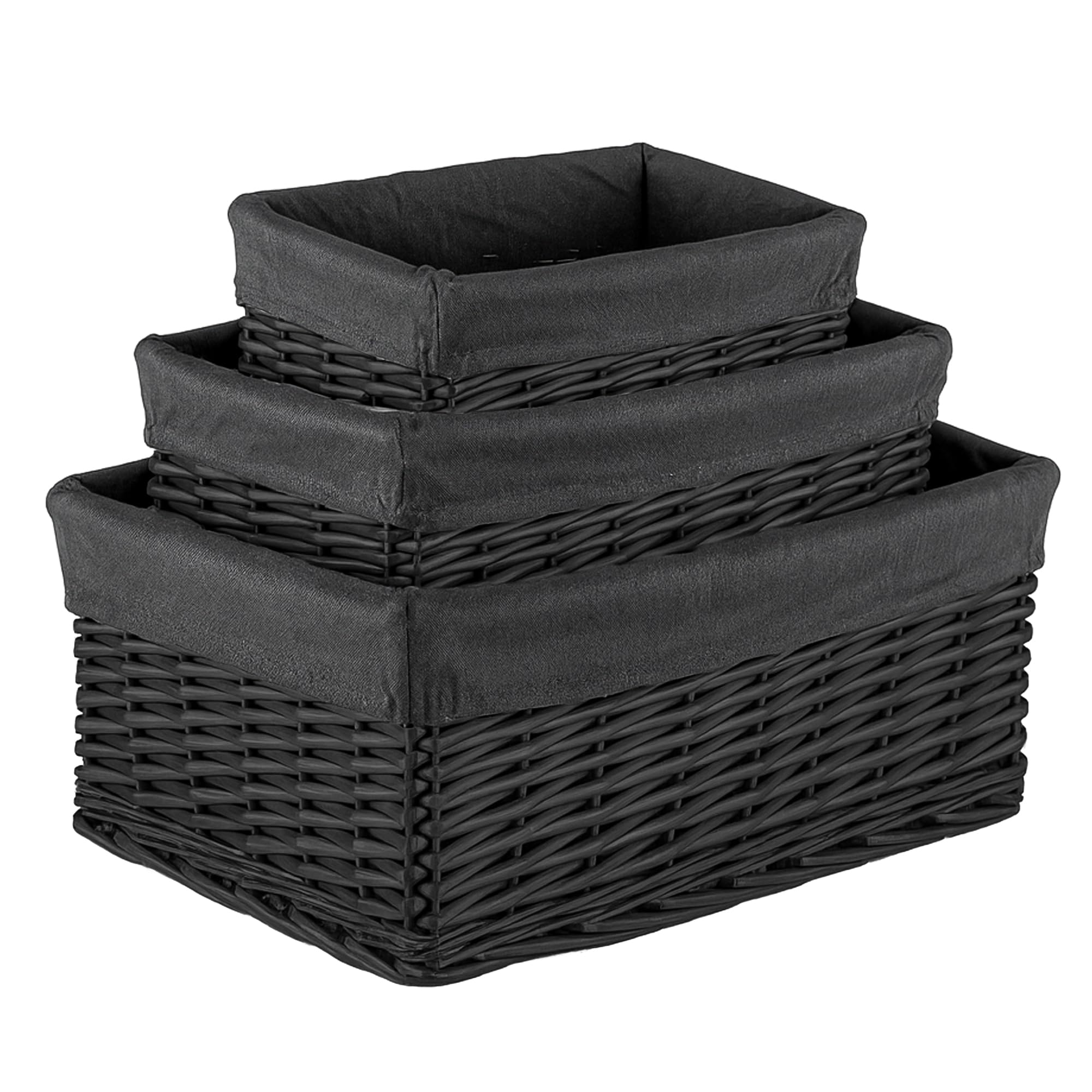 Innoteck Essentials Set of 3 Wicker Storage Baskets with Lining - Decorative Kitchen Bathroom Hamper - Portable Basket with Washable Cloth Liners - Ideal for Home/Office & Gifts Hamper (Black)