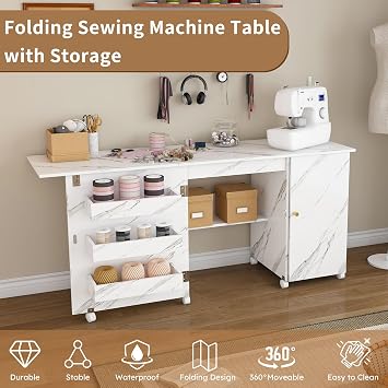 57.5 Foldable Sewing Machine Table with Locking Casters, Multi-Storage Craft Desk with Adjustable Shelf Cabinet Portable Sewing and Cutting Table for Crafting Embroidery Quilting Cutting Art White