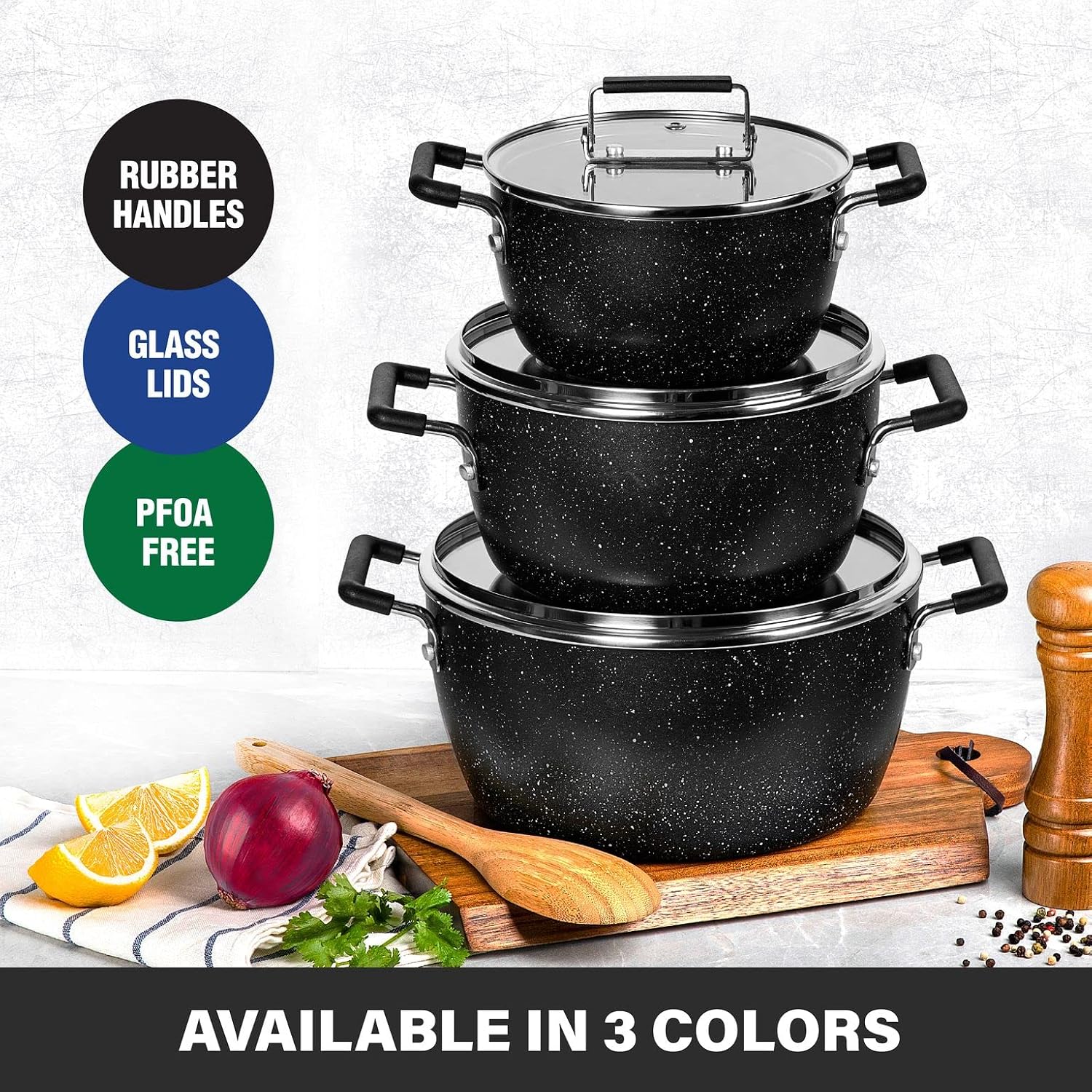 Granitestone 6PC Stackable Pot Set, Nesting Non Stick Pots with Lids, Cooking Pots Set, Stock Pot Set with 1.5qt, 3qt & 5qt Pots with Lids, Induction Capable, Dishwasher Safe, 100% Toxin Free - Black