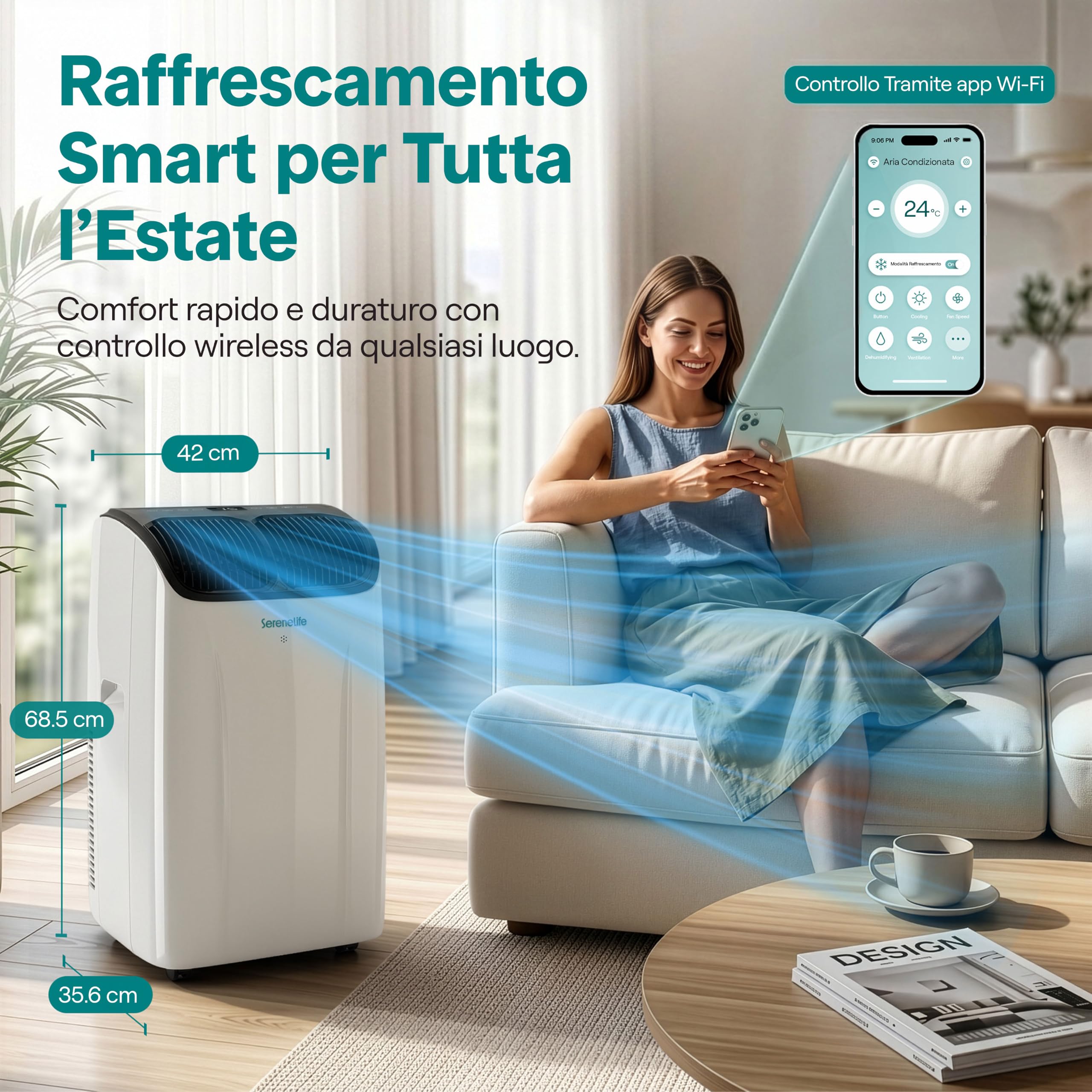 SereneLife przenośny klimatyzator 12 000 BTU – kompaktowy klimatyzator do pomieszczeń do 20 m² | Wi-Fi | chłodzenie, osuszacz i wentylator | 48 dB
