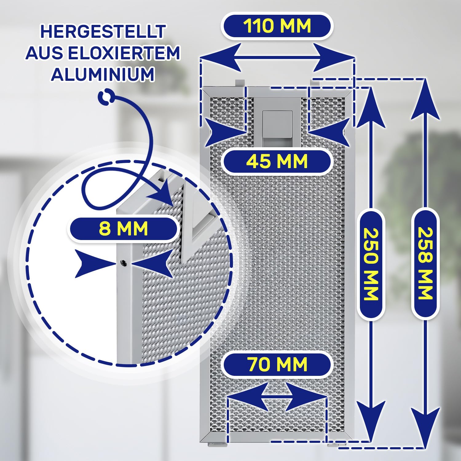 Aluminium Metallfilter Dunstabzugshaube 250 x 110 x 8 mm mit dem Originalcode 11022470 11018426 für Bosch für Balay für Siemens für Neff - Garantie 10 Jahre - MONTERAL