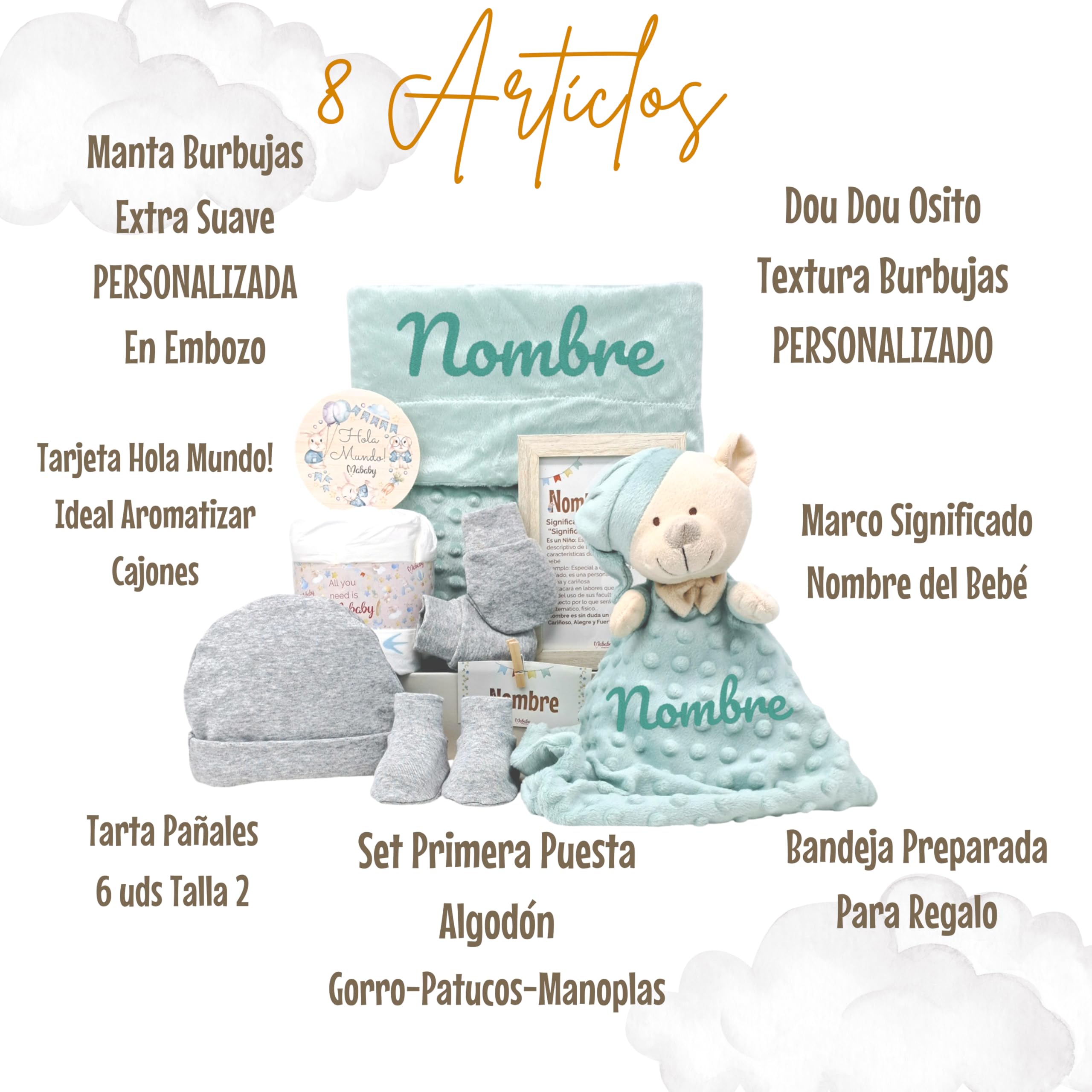 Velvet Canastilla Bebé Personalizada Niña con Manta Burbujas, Dou Dou de Apego y Primera Puesta, Regalo Baby Shower