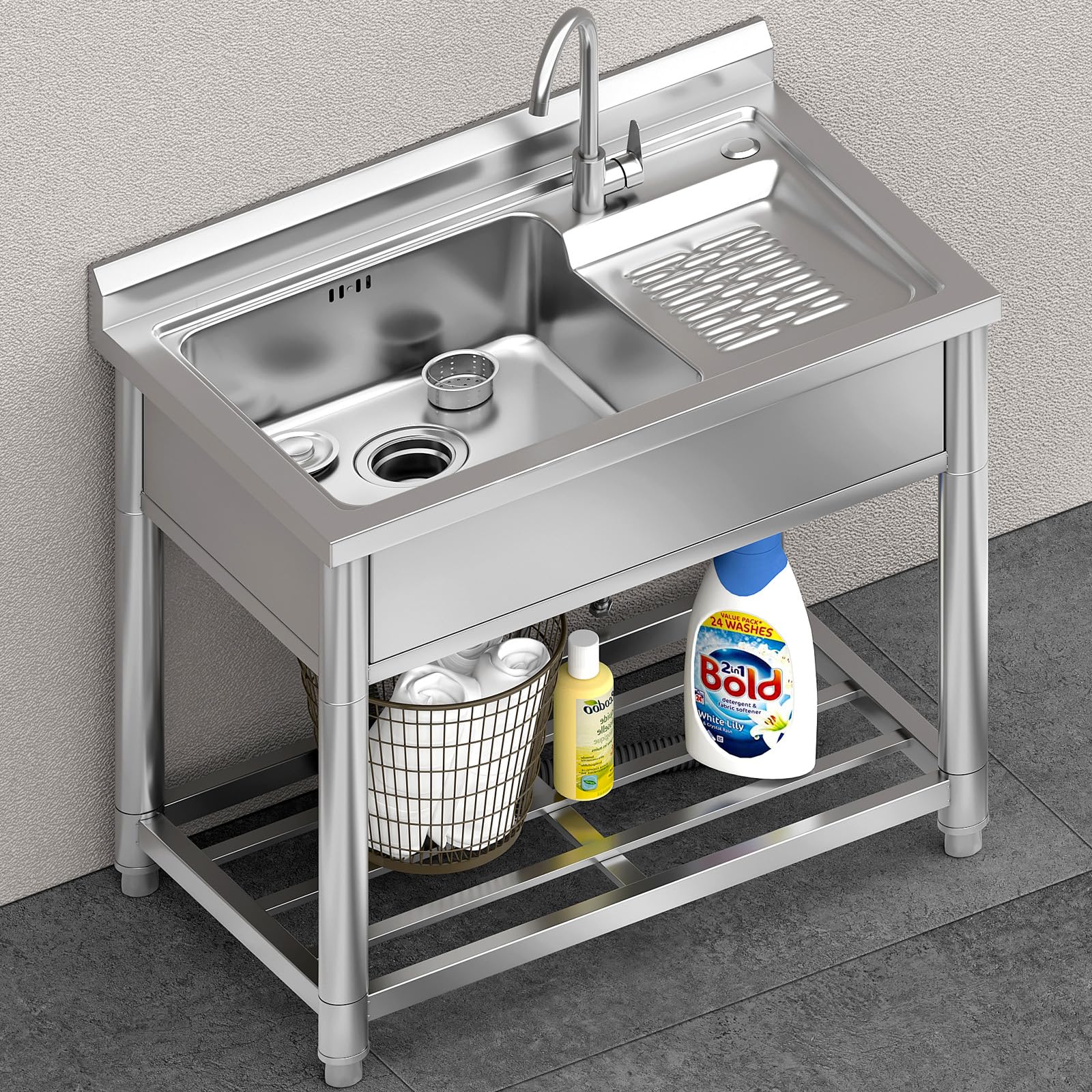 Stainless Steel Utility Sink, Free Standing Laundry Sink with Washboard, Laundry Tub with Cold and Hot Water Faucet for Laundry Room Kitchen Garage