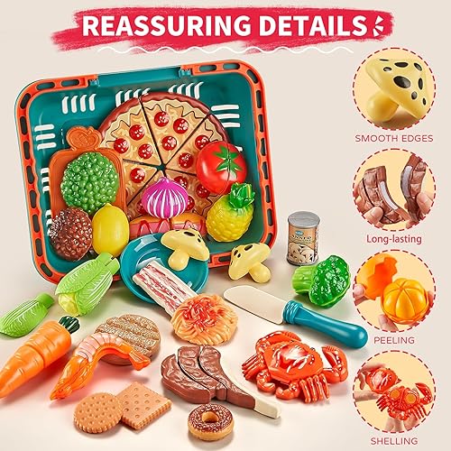 Miniatura 3 de Juegos de comida de juego para niños de cocina, 80 piezas de comida de simulación con 2 cestas de picnic para niños, comida de juguete con juguete