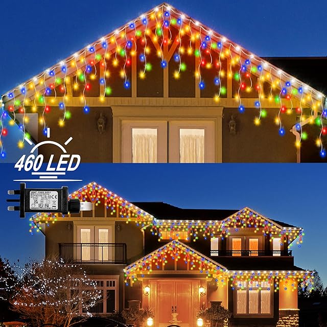 ZAKAZAKA Christmas Icicle Lights Outdoor, 460 LED/17,5m Curtain Fairy String Light Decorations, 8 Modes Clear Cable String Light Party Decor for Window, Garden, Wall, Gazebo Outside (Multicolor)