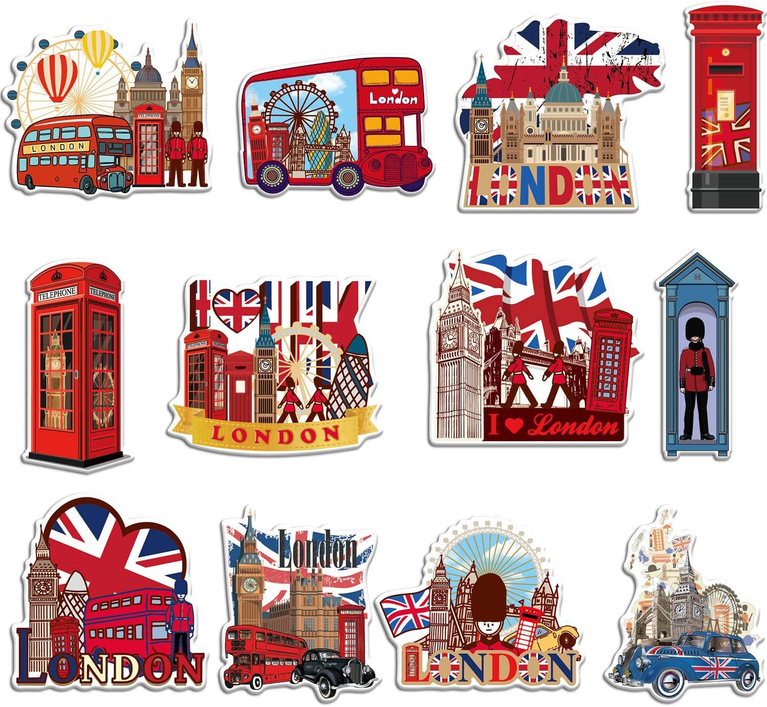 London Fridge Magnets for Kitchen - 12 Pcs London Souvenirs Gifts British Union Jack Souvenir Magnet England Red Phone Box Deck Bus Fridge Magnetic Unique Stylish Design Holiday Souvenir Gift