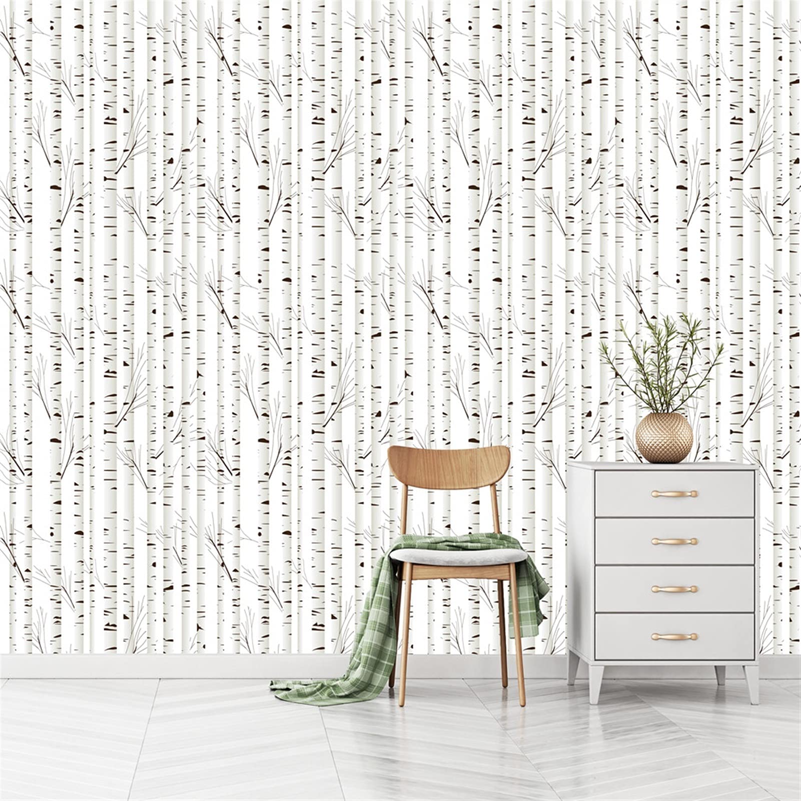Pegatinas de Pared Pegatinas de pared Pelar y palo extraíble pintura a mano acuarela negro / blanco abedul de abedul auto adhesivo prepasado fondo de pantalla para la decoración de la pared del dormit