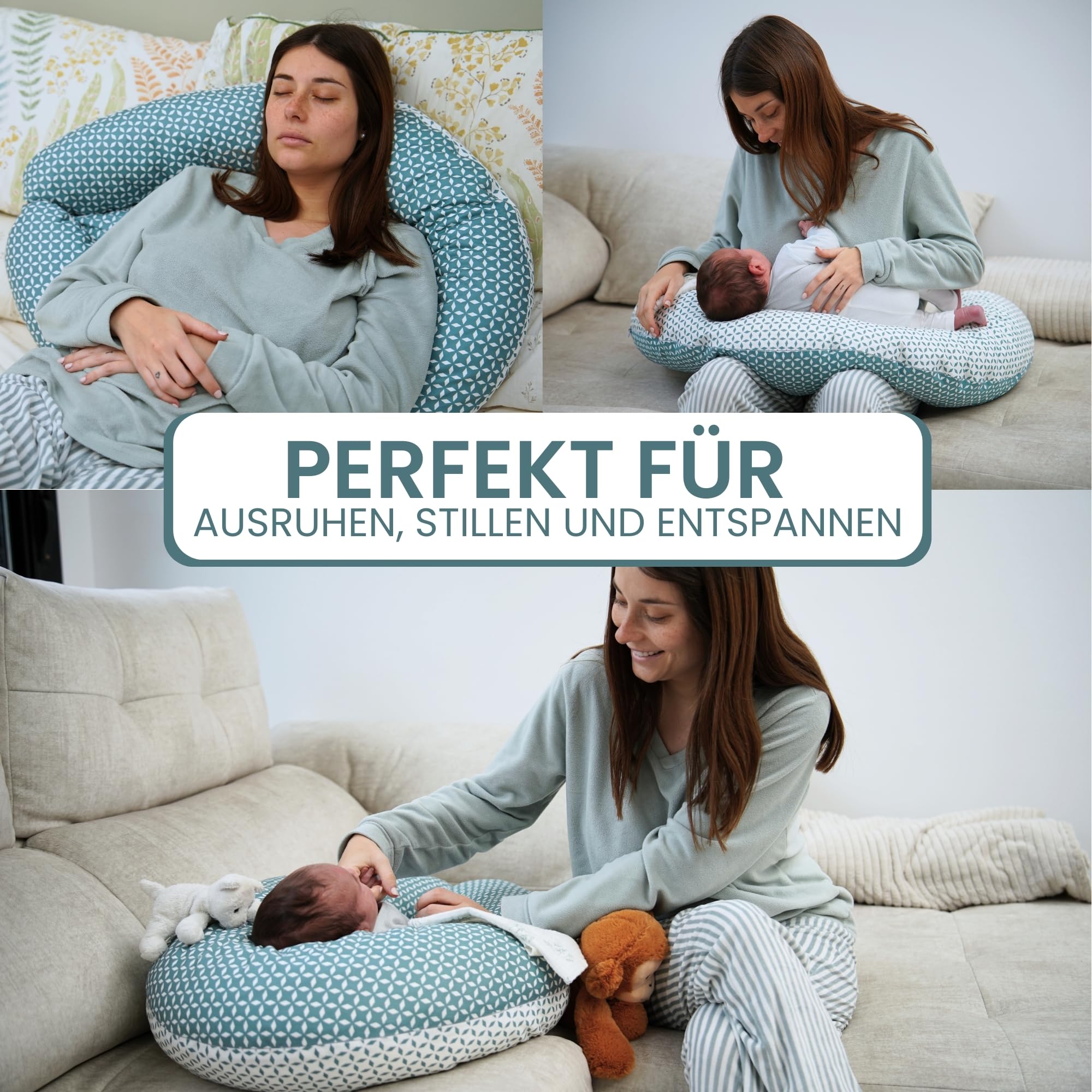 MATERNIKA 3-in-1 Schwangerschafts- und Stillkissen XL – Multifunktionales Kissen zum Schlafen, Stillen und als Babynest – Memory-Schaum-Füllung – inklusive Baby-Musselintuch
