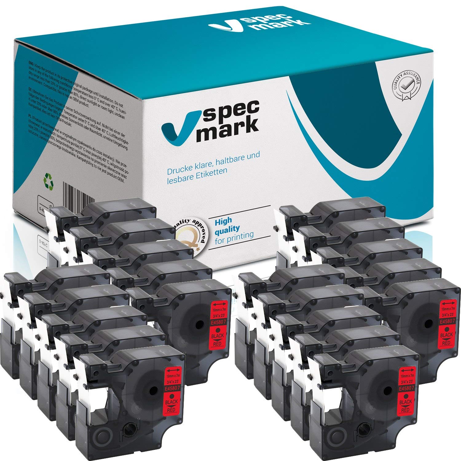 specmark Kompatybilny z DYMO D1 45807 S0720870 taśma do pisania 19 mm x 7 m zestaw x 20 szt. czarny na czerwonym kompatybilny z DYMO D1 do drukarki LM Label-Manager LP Label-Point LW Label-Writer DUO