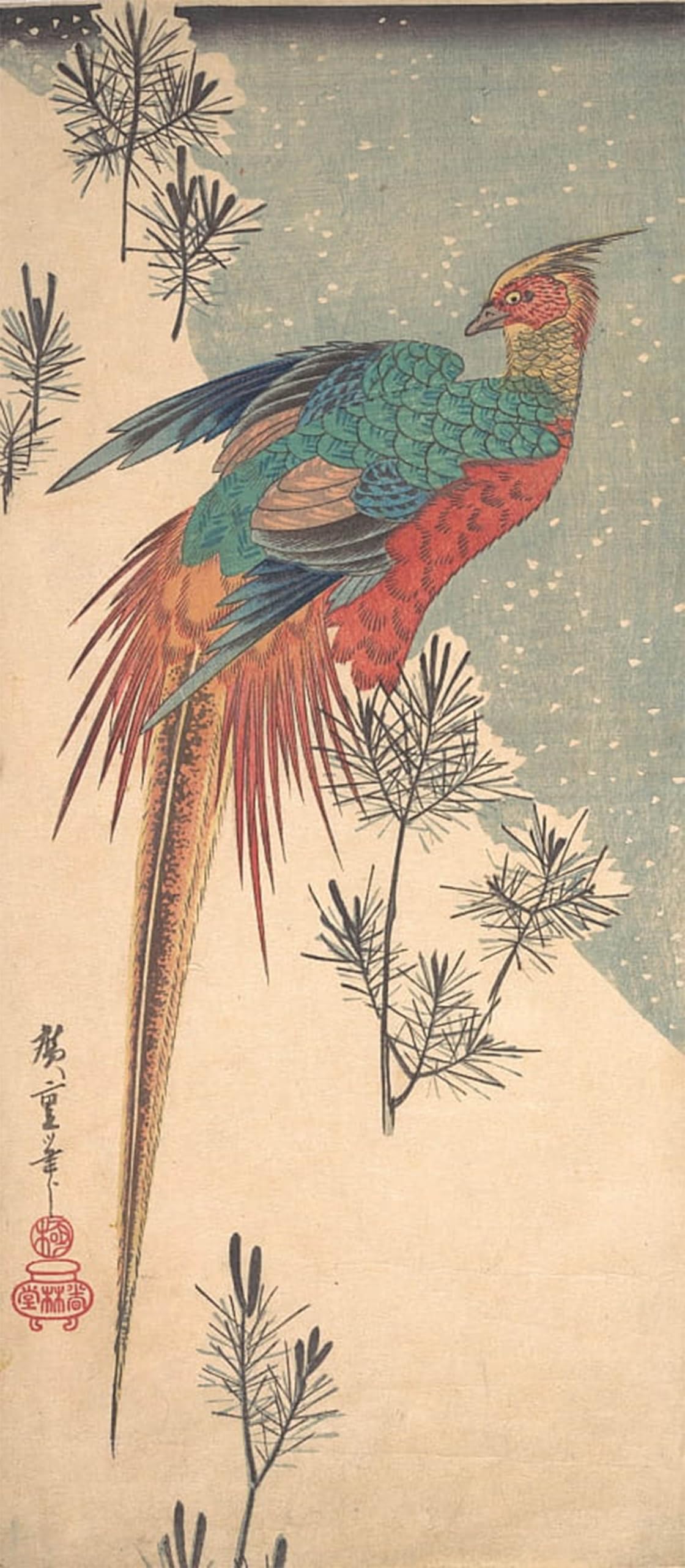 POSTERIIk Famous Modern Artwork Art Mural Golden Pheasant and Pine Shoots in Snow by Ando Hiroshige Oil Paintings Pictures for Home Decor 60x90cm