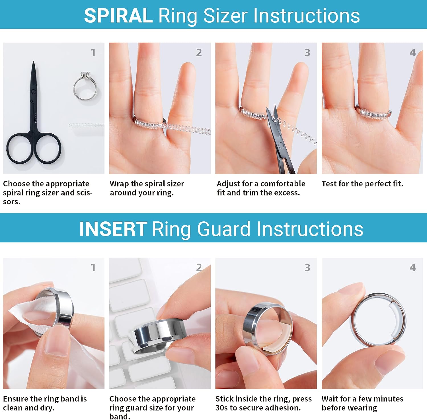 Ring Size Adjuster for Loose Rings, 150 Pcs 2 Styles Invisible Ring Fitter, Transparent Spiral Coils & Sizing Strips, Silicone Ring Guard for Loose Rings for Women Men, Anti-Slip Ring Size Reducer