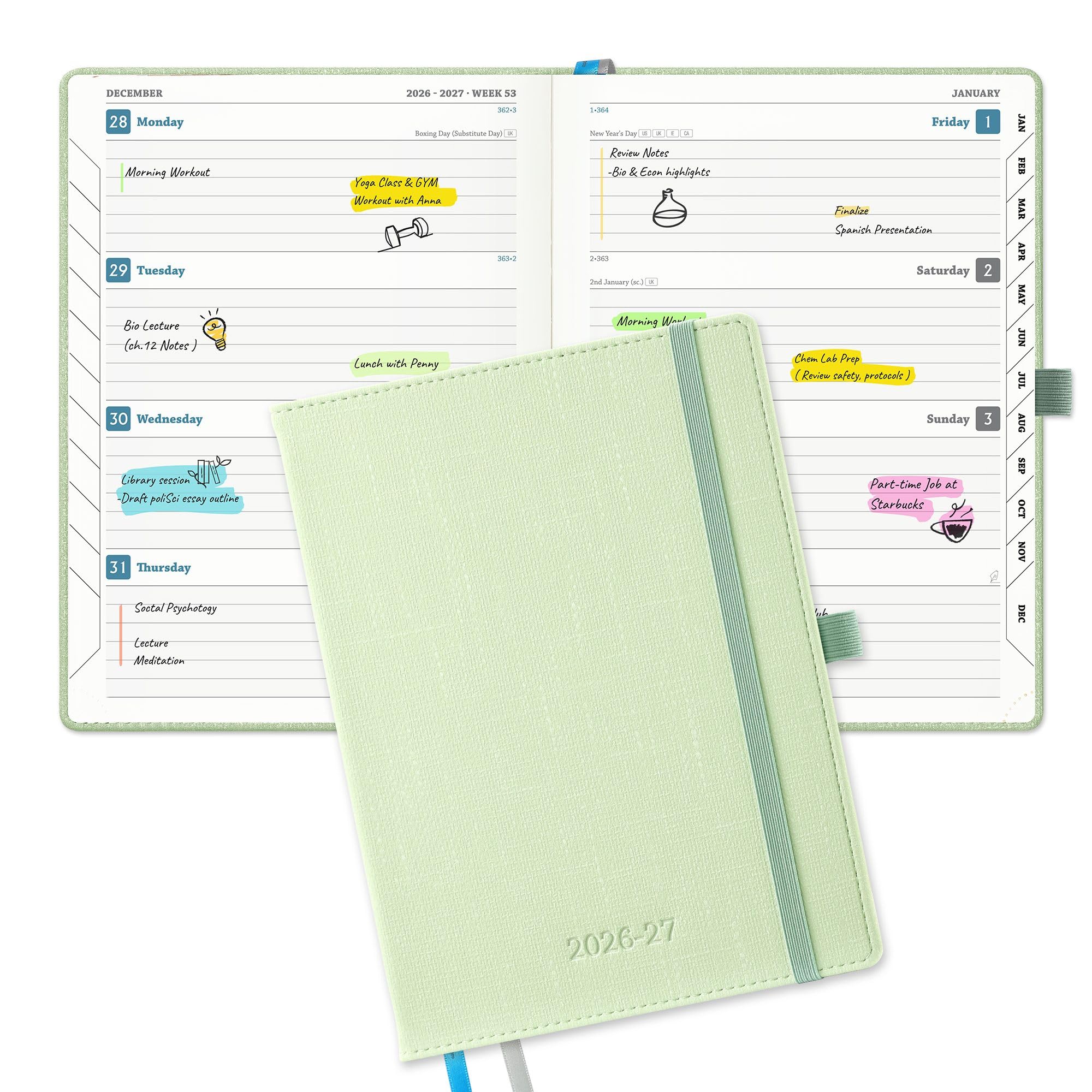 IN-LUXPRO Academic Diary 2026-2027: Luxury A5 Week to View (21.9x16.2cm)18 Months (Jul'26 - Dec'27) Mid Year Diary 26/27 Horizontal Weekly Planner with Timeslots & Month Tabs, PU Leather Green