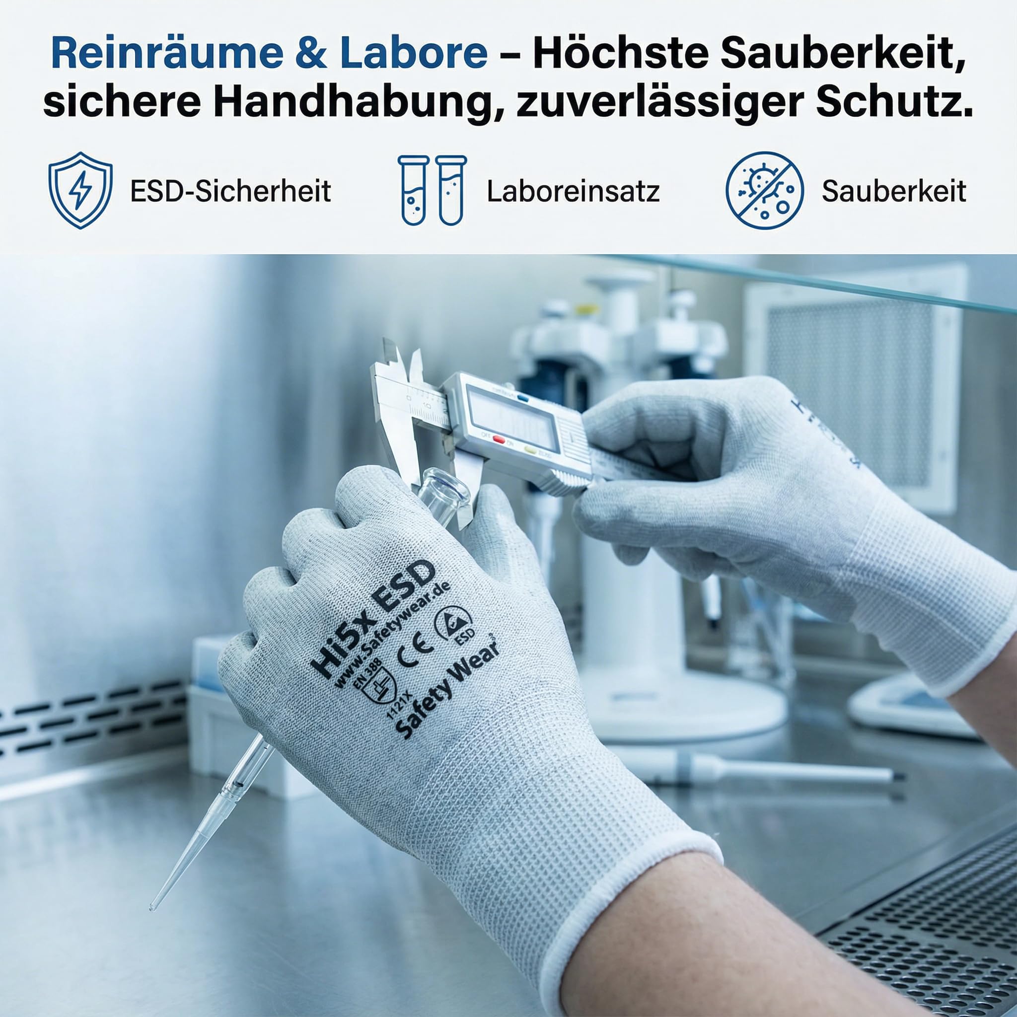Hi5 DS SafetyWear X-ESD Arbeitshandschuhe – 13G Carbonfaser/Elasthan – ESD geeignet – EN 388:1121X – hohe Fingerfertigkeit Level 5 – Montage & Elektronik – weiß (M, 120, stück)