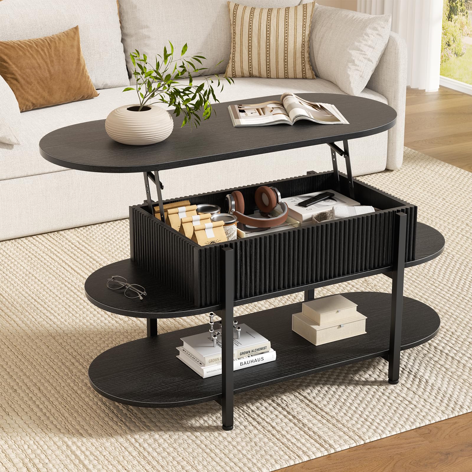 FABATO 41.7" Oval Lift Top Coffee Table, Fluted Wood Center Table with Hidden Storage, 3 Tier Narrow Tables with Curved Edge, Modern Elliptical Coffee Table for Living Room Reception Room, Black