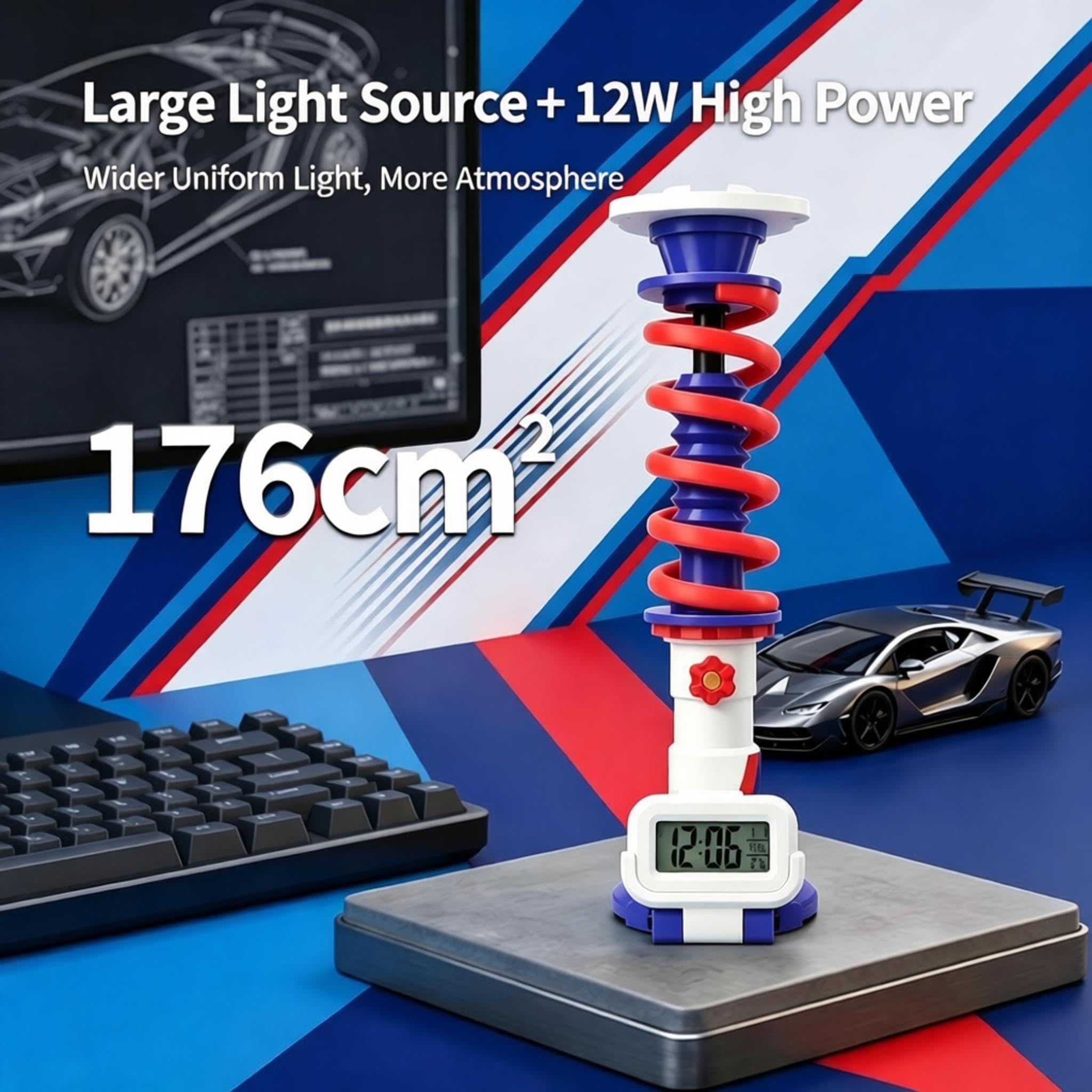 Lampa stołowa z amortyzatorem z nadrukiem 3D, lampa biurkowa sprężynowa spiralna, 3 regulowane poziomy, temperatura barwowa 3800k ± 200 k, oświetlenie 360°, z zegarem cyfrowym, do