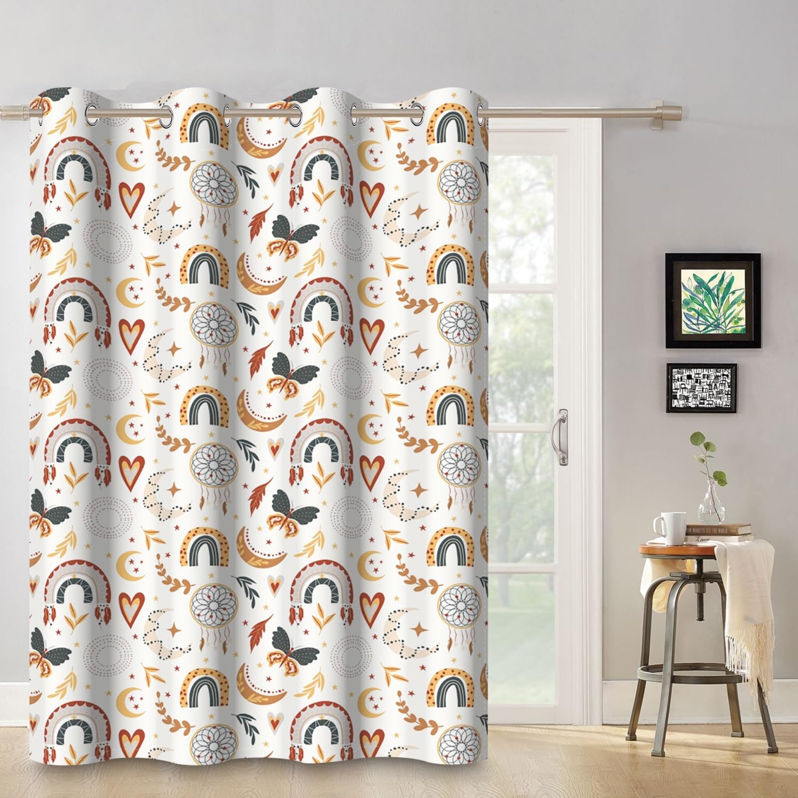 107x160cm Cartoon-Regenbogen Verdunkelungsvorhang fürs Kinderzimmer Boho Traumfänger Mond Ösenvorhänge Thermo Fenstervorhänge für Baby Mädchen Spielzimmer Wohnzimmer,1-Einzelpaneel